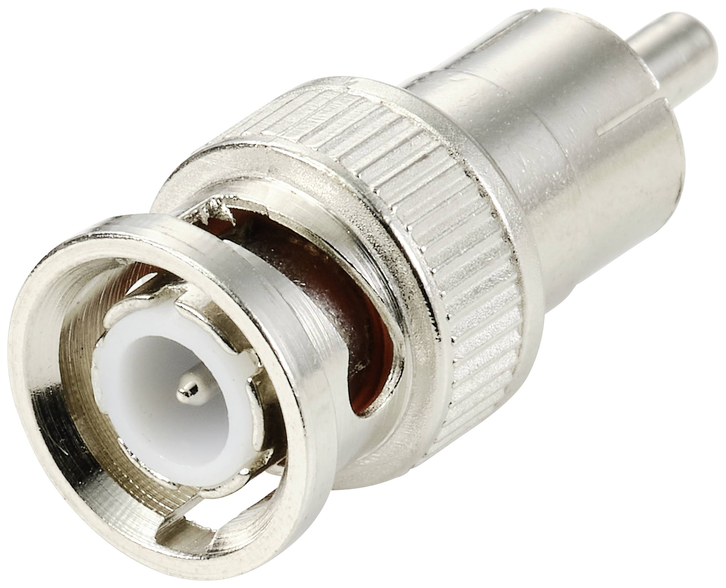 Ein silberner BNC-Stecker mit Metallgehäuse und weißem Plastikinsulator, normalerweise für Koaxialkabelverbindungen verwendet.