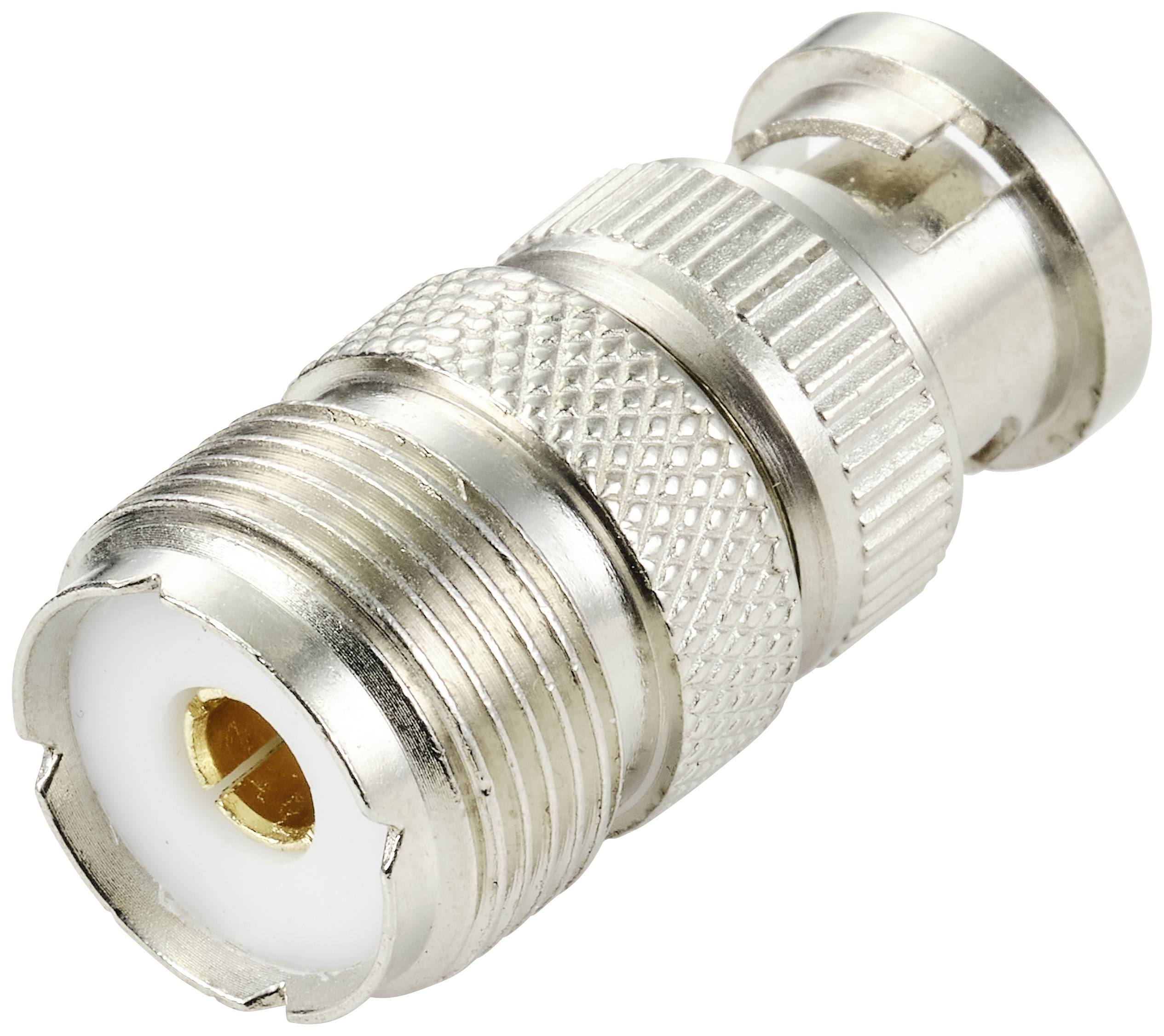 Ein silberner Koaxialadapter, der einen N-Stecker mit einem BNC-Buchse verbindet, vor weißem Hintergrund.