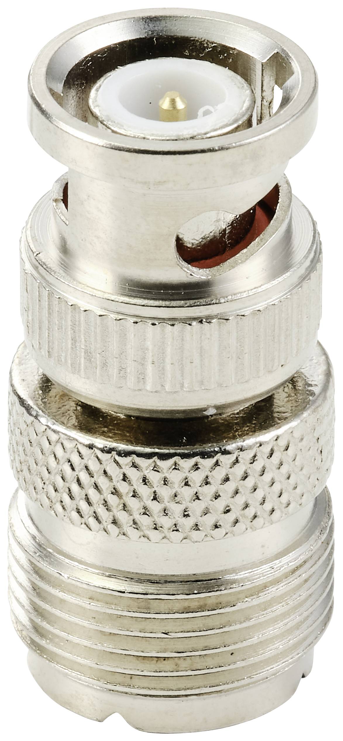 Metallischer BNC-Adapter mit geriffeltem Griff und drehbarem Gewinde, geeignet für die Verbindung von Koaxialkabeln.