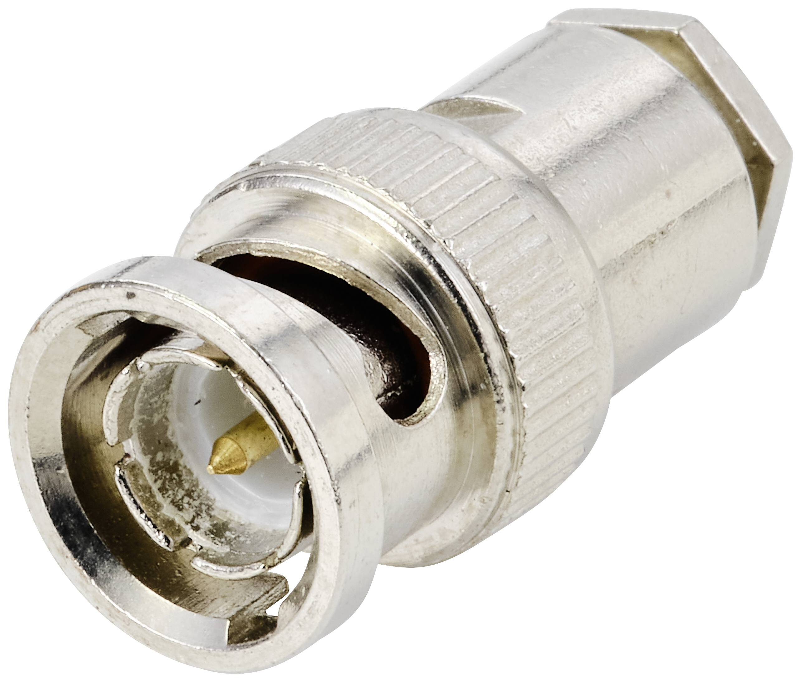 Nahaufnahme eines silbernen BNC-Steckers, der in der Elektrotechnik für die Verbindung von Koaxialkabeln verwendet wird.