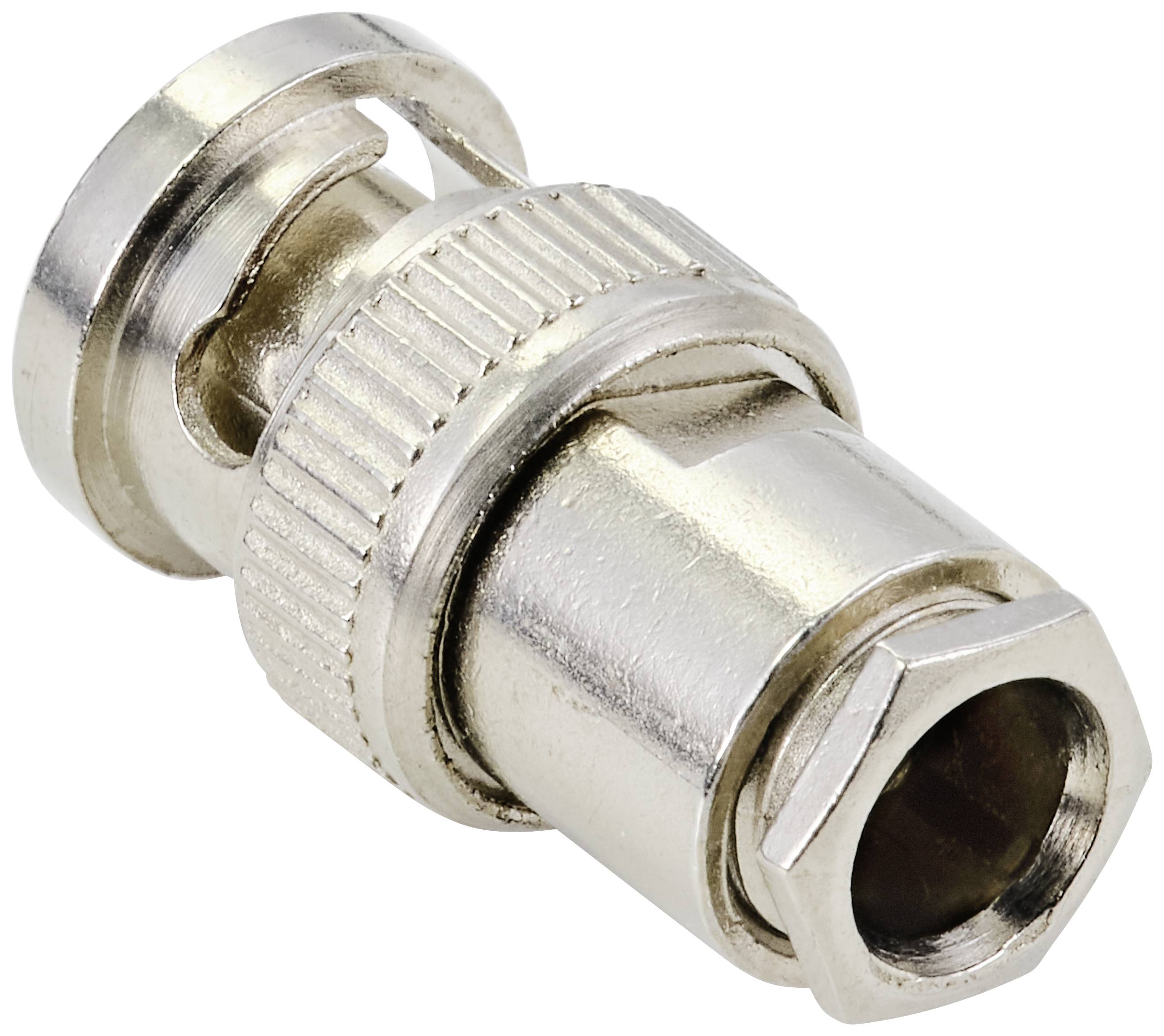 Metalliger BNC-Stecker in Nahaufnahme, erkennbar an der charakteristischen Bajonettverriegelung und dem geriffelten Abschnitt zur besseren Handhabung.