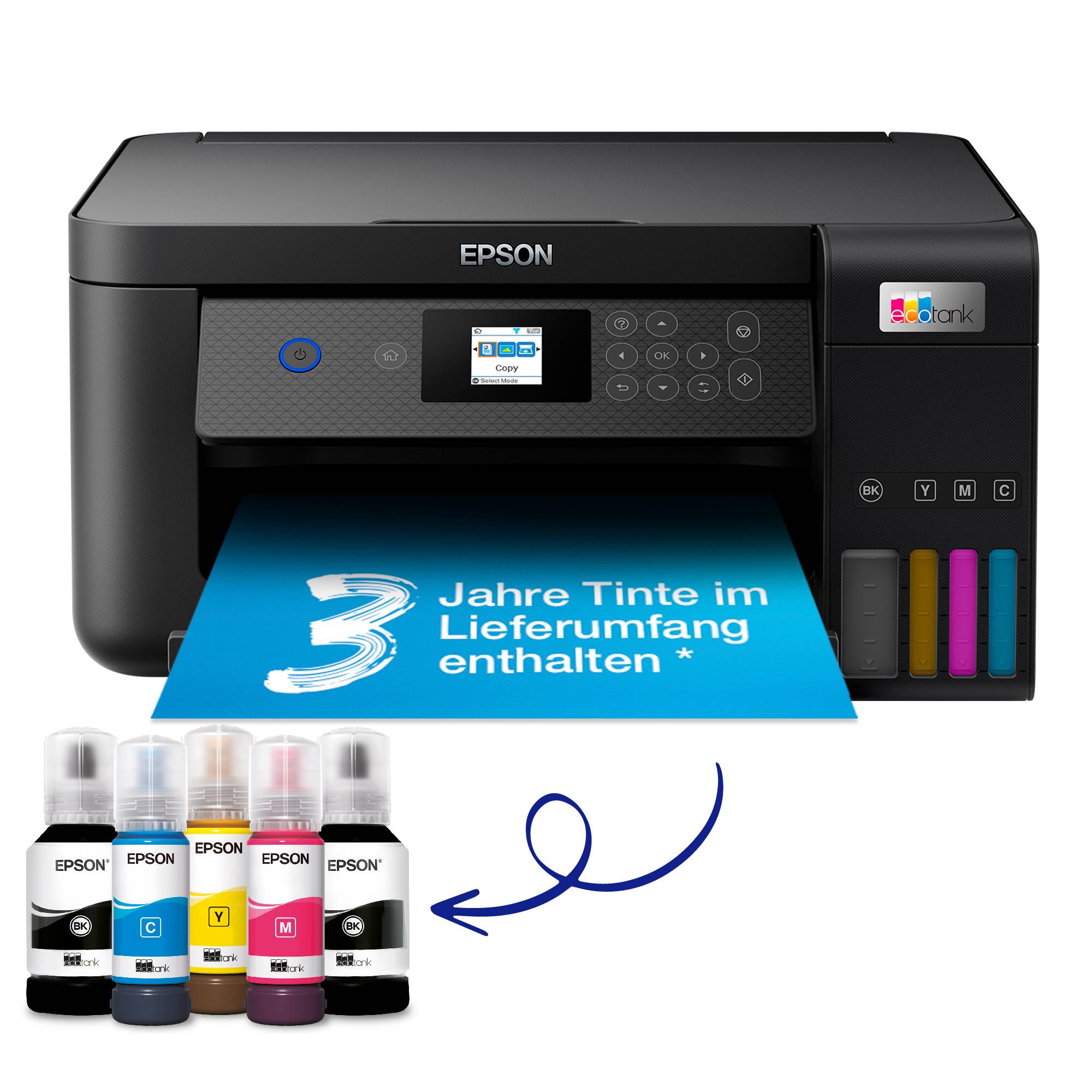 Epson ET-2850 Multifunktionsdrucker A4 Drucker, Scanner, Kopierer Duplex, Tintentank-System, USB, WLAN Schwarz