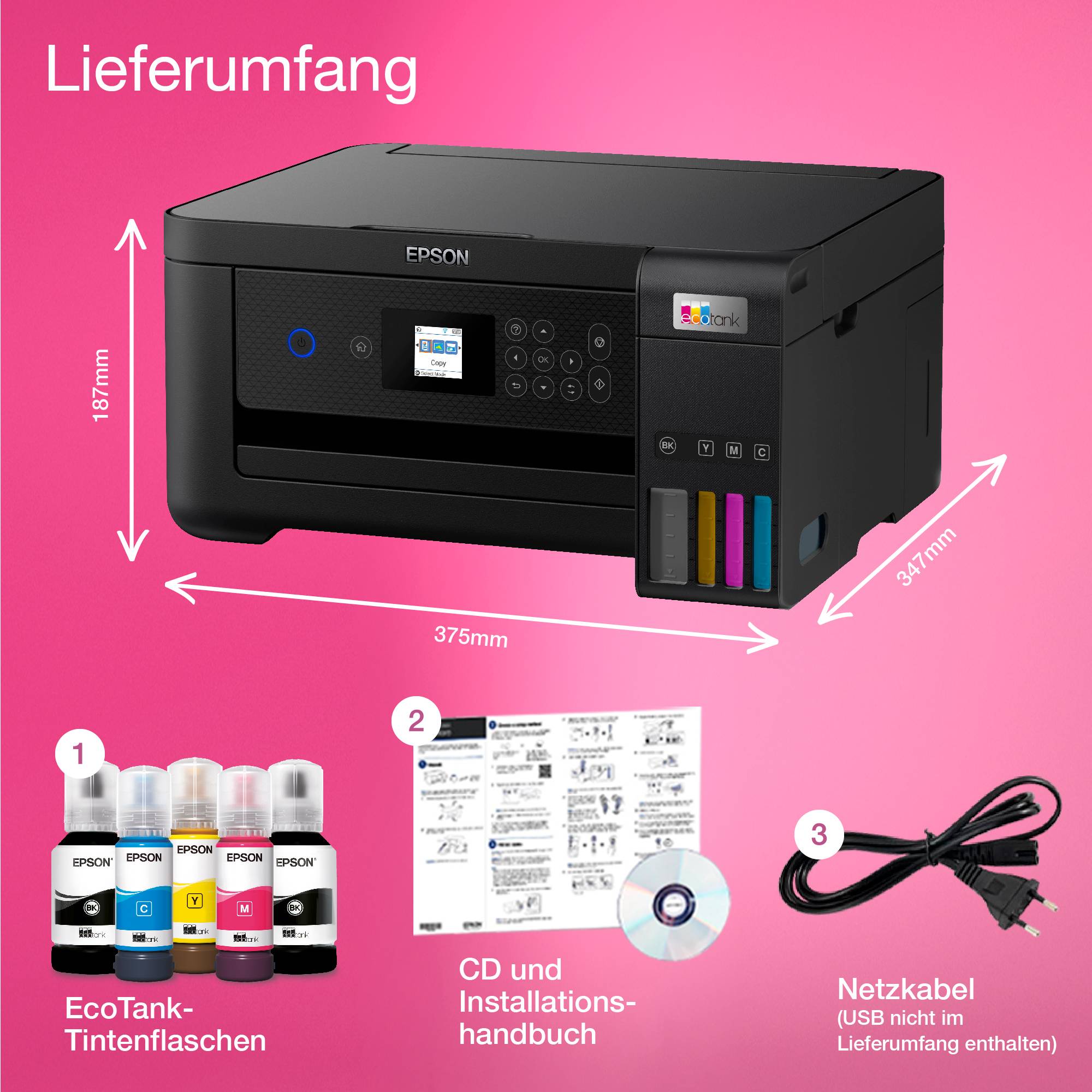 Epson ET-2850 Multifunktionsdrucker A4 Drucker, Scanner, Kopierer Duplex, Tintentank-System, USB, WLAN Schwarz