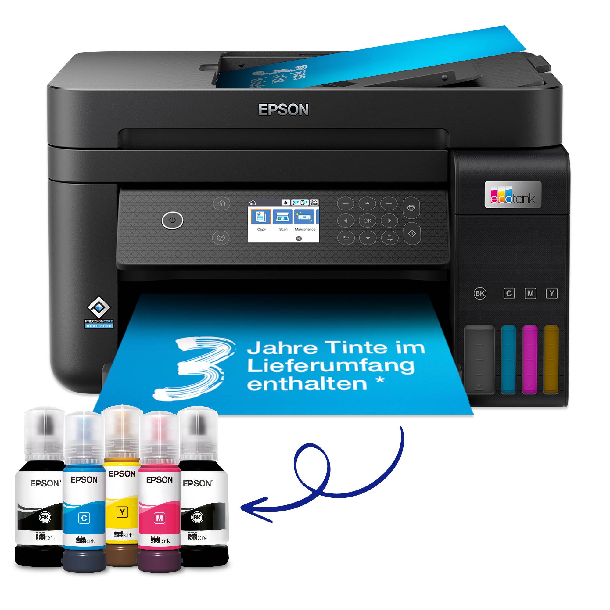 Epson EcoTank ET-3850 Multifunktionsdrucker A4 Drucker, Scanner, Kopierer ADF, USB, WLAN, Tintentank-System, Duplex, LAN;Schwarz