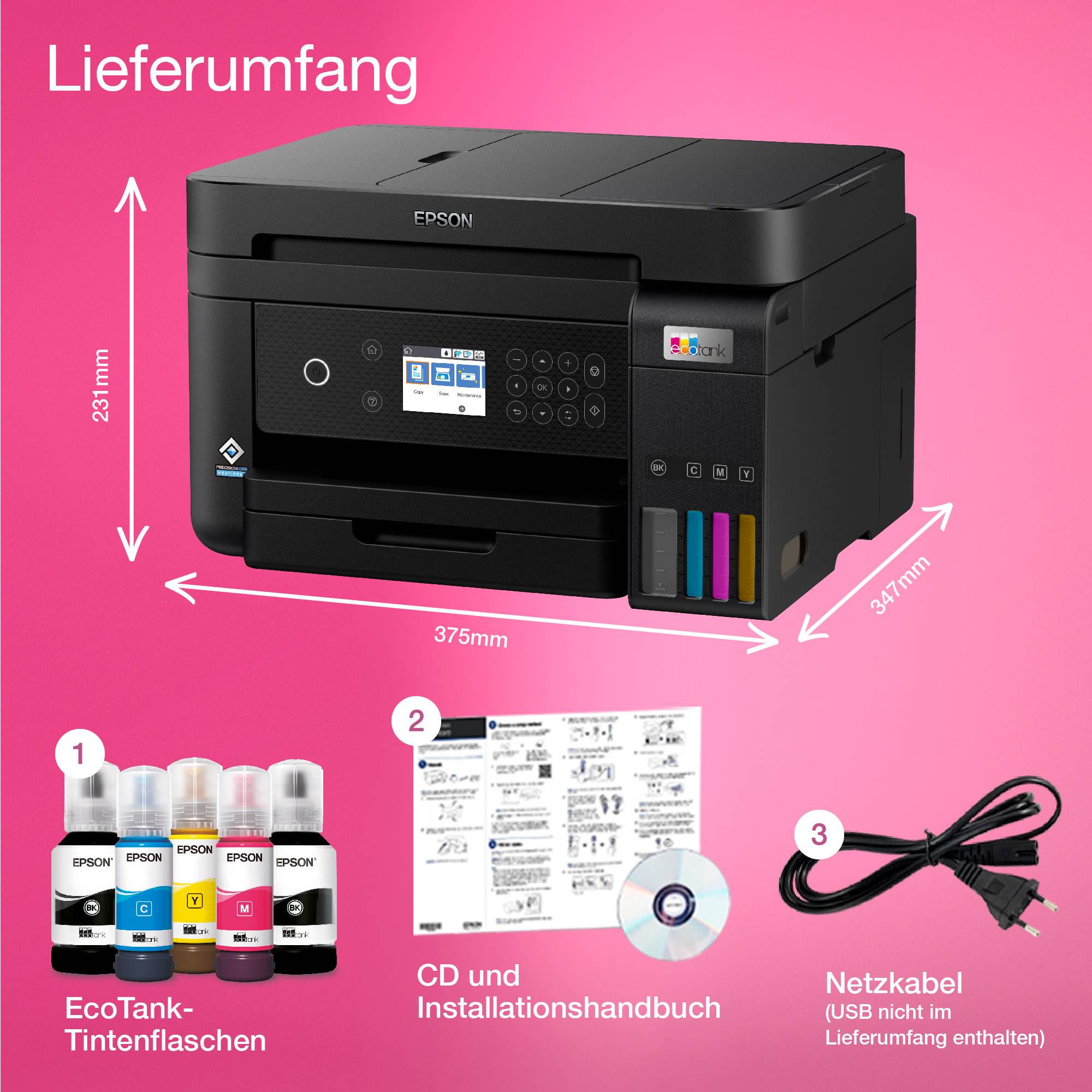 Epson EcoTank ET-3850 Multifunktionsdrucker A4 Drucker, Scanner, Kopierer ADF, USB, WLAN, Tintentank-System, Duplex, LAN;Schwarz