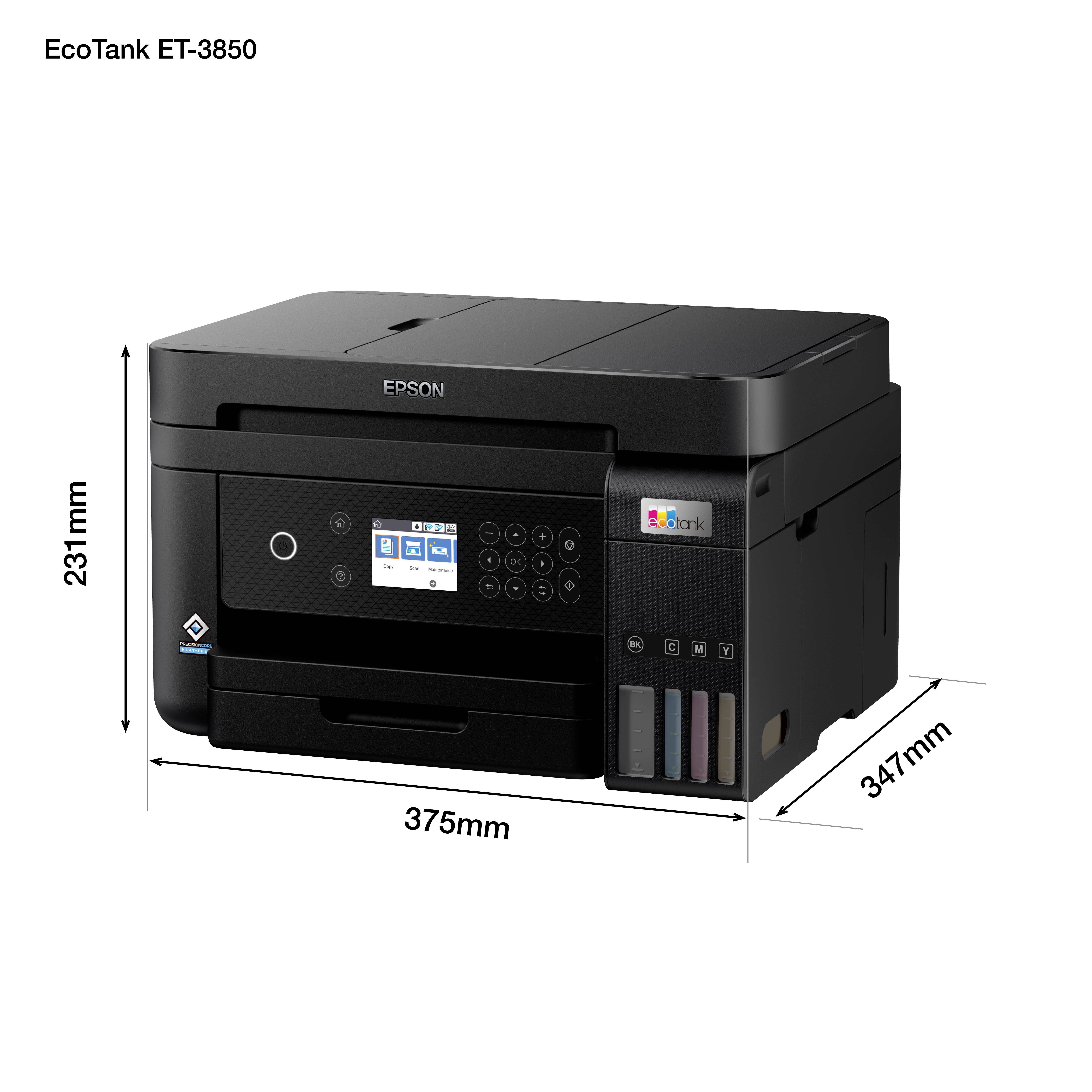 Epson EcoTank ET-3850 Multifunktionsdrucker A4 Drucker, Scanner, Kopierer ADF, USB, WLAN, Tintentank-System, Duplex, LAN;Schwarz