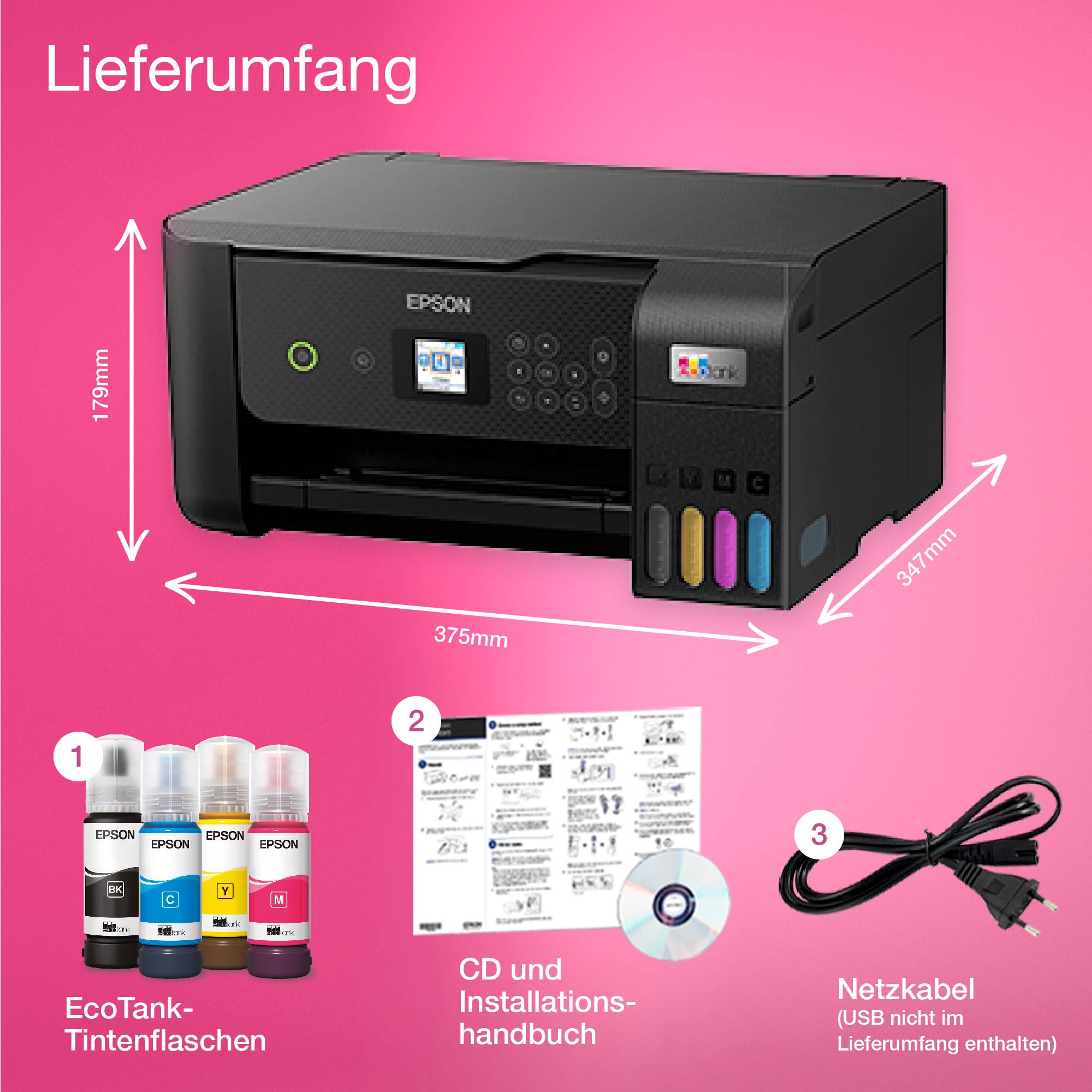 Epson EcoTank ET-2820 Multifunktionsdrucker A4 Drucker, Scanner, Kopierer Duplex, Tintentank-System, USB, WLAN;Schwarz