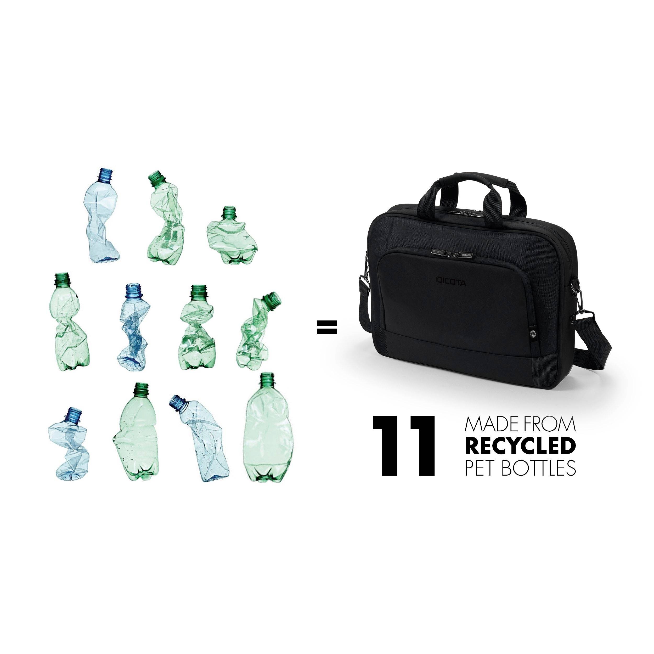 Eine schwarze Tasche aus recycelten PET-Flaschen, links neun zerdrückte Flaschen. Text: Made from recycled PET bottles = 11.