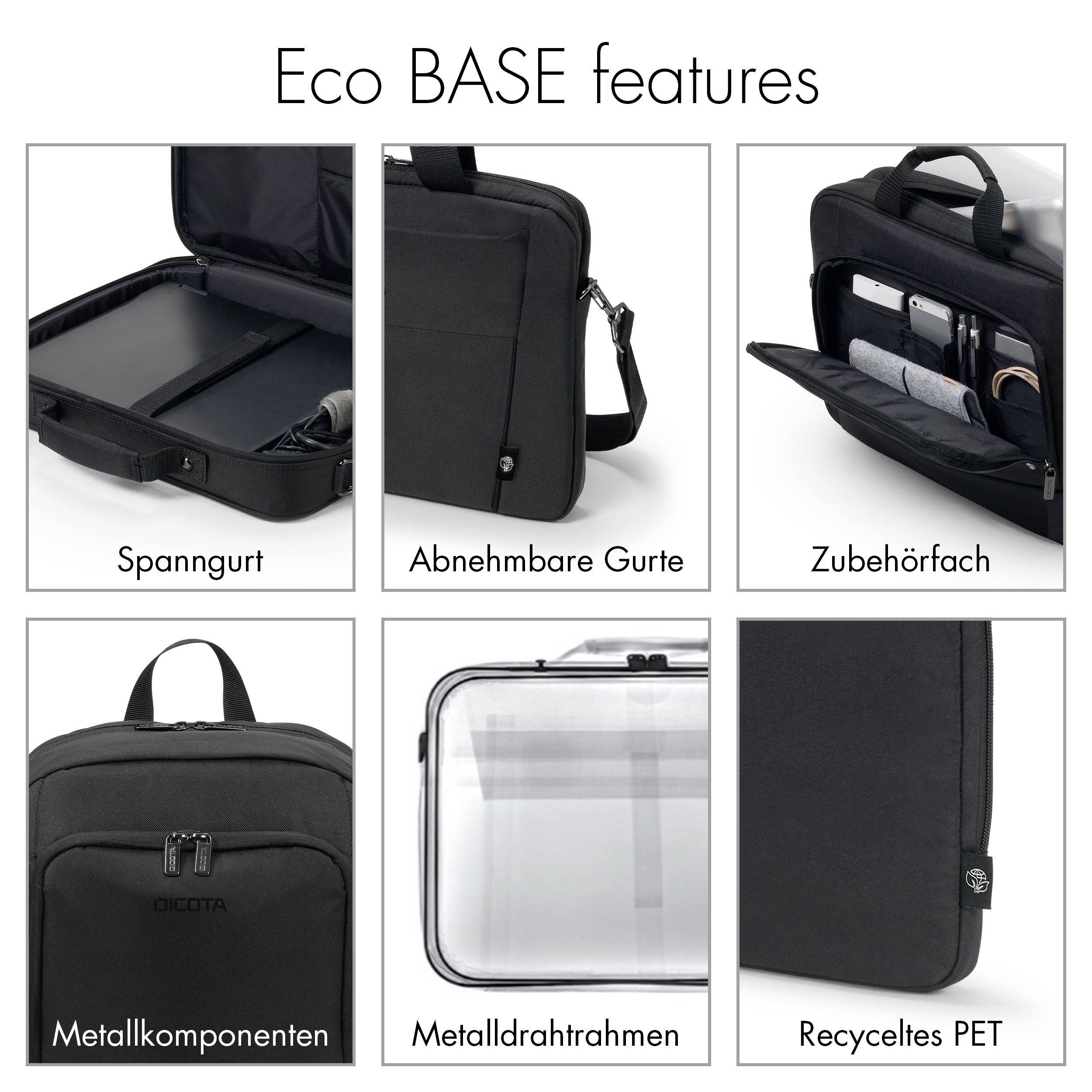 Produktmerkmale der Eco BASE-Tasche: Spanngurt, abnehmbare Gurte, Zubehörfach, Metallkomponenten, Metalldrahtrahmen, recyceltes PET.