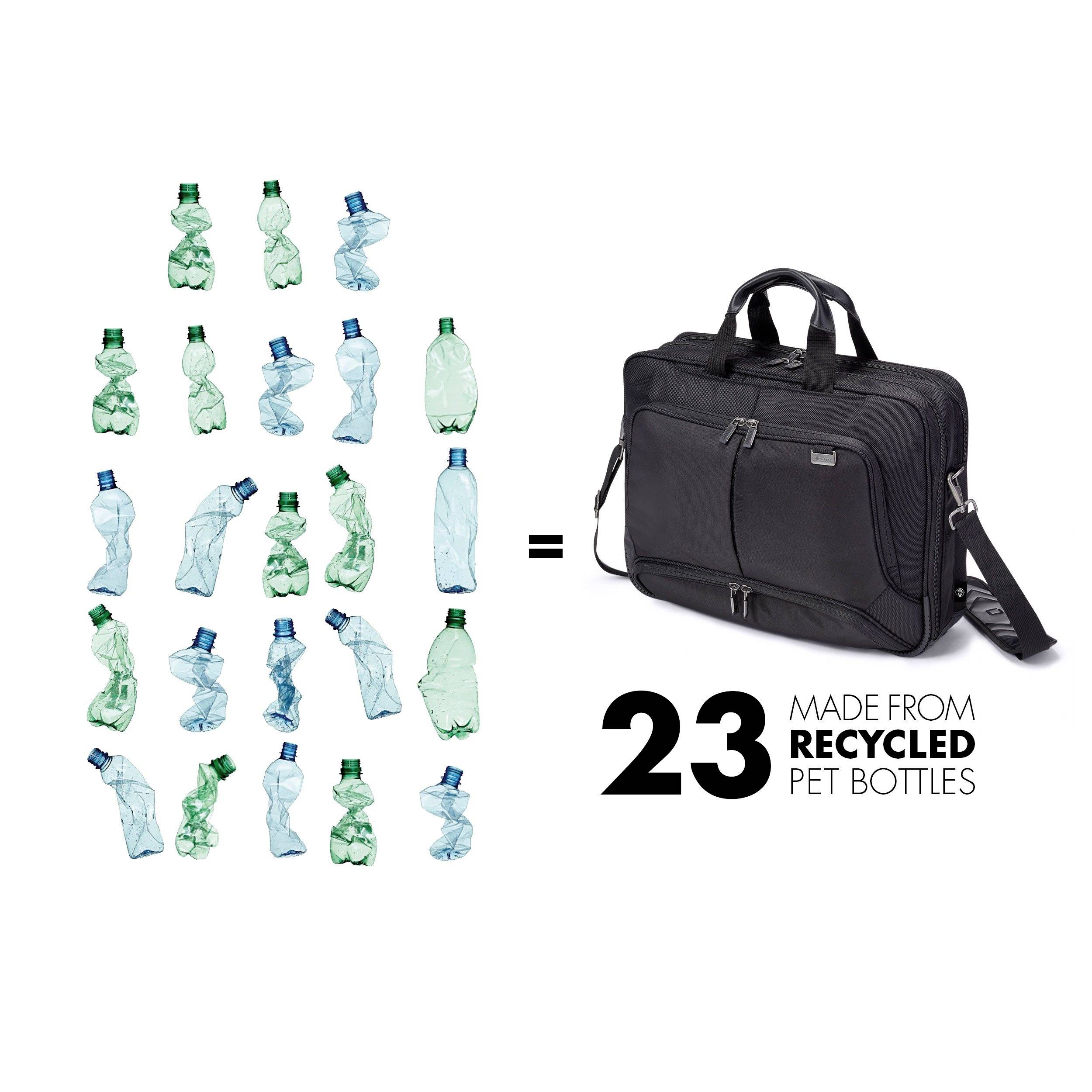 '23 recycelte PET-Flaschen = 1 schwarze Tasche.' Links Flaschen, rechts Tasche. Botschaft: Umweltbewusstsein durch Recycling.