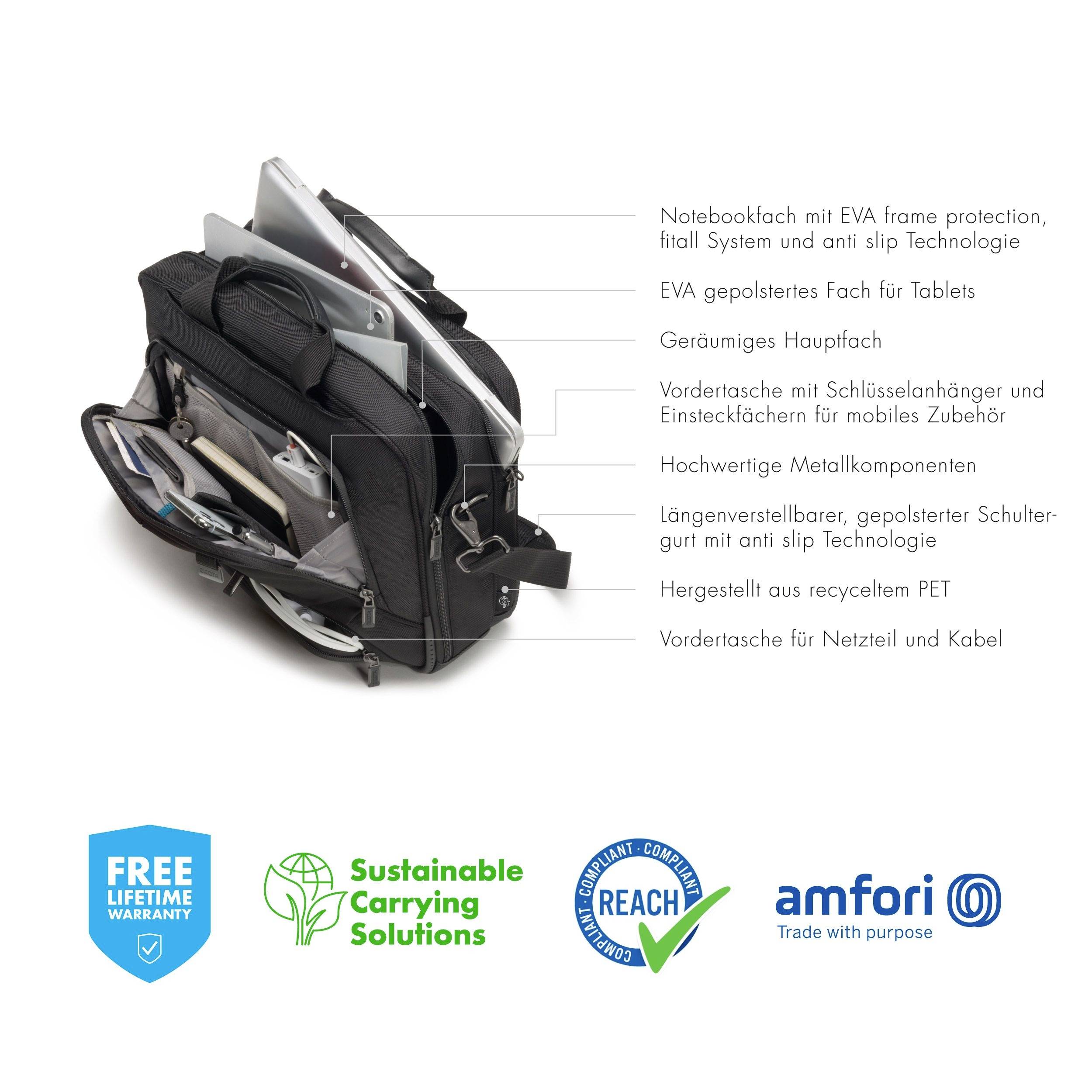 Schwarzer Geschäftsrucksack mit Laptops, Tablets und Zubehör gefüllt. Text beschreibt Funktionen wie EVA-Rahmenschutz, gepolsterte Fächer und verstellbaren Schultergurt. Garantiesymbole unten.