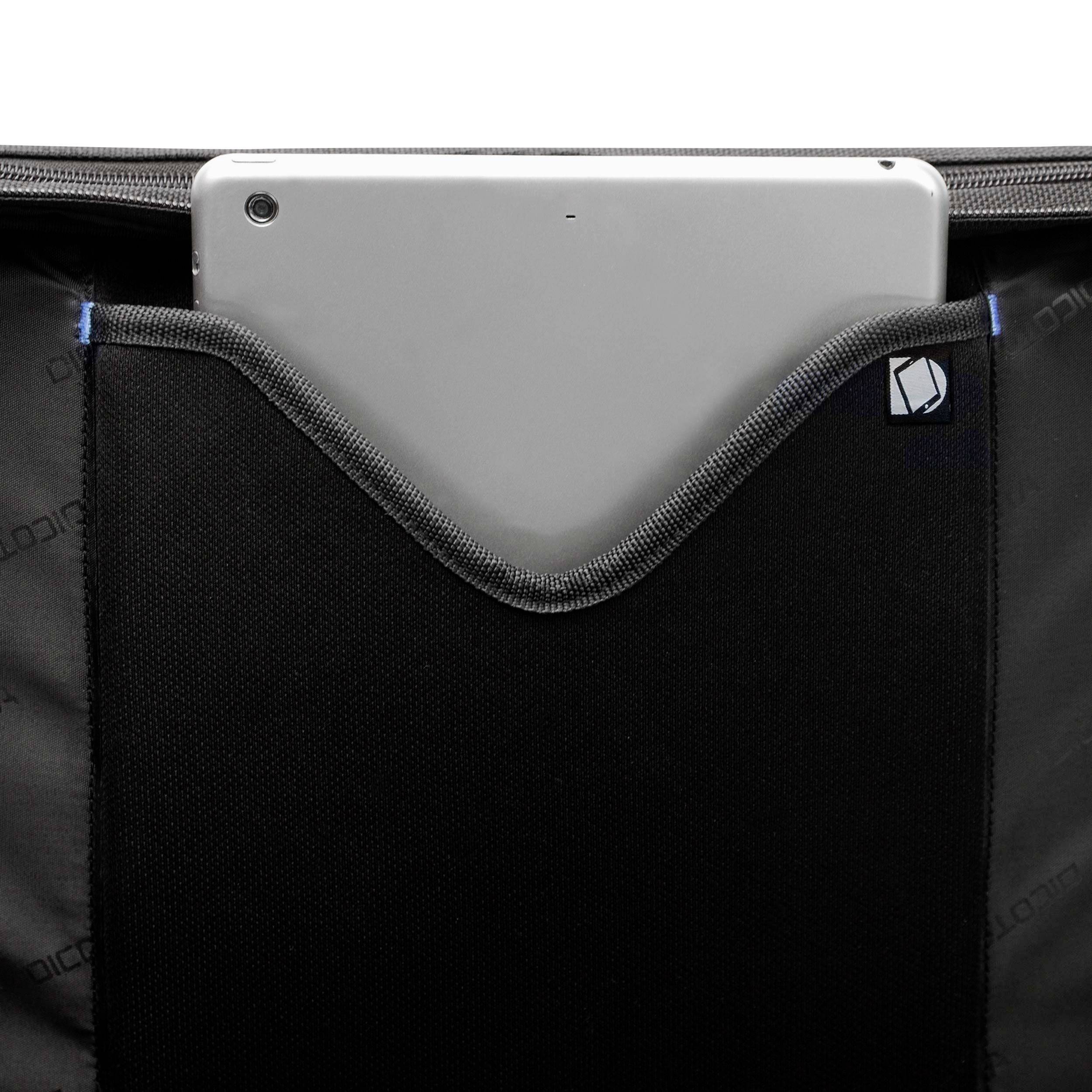 Ein Tablet in einer schwarzen Schutzhülle, die oben geöffnet ist.