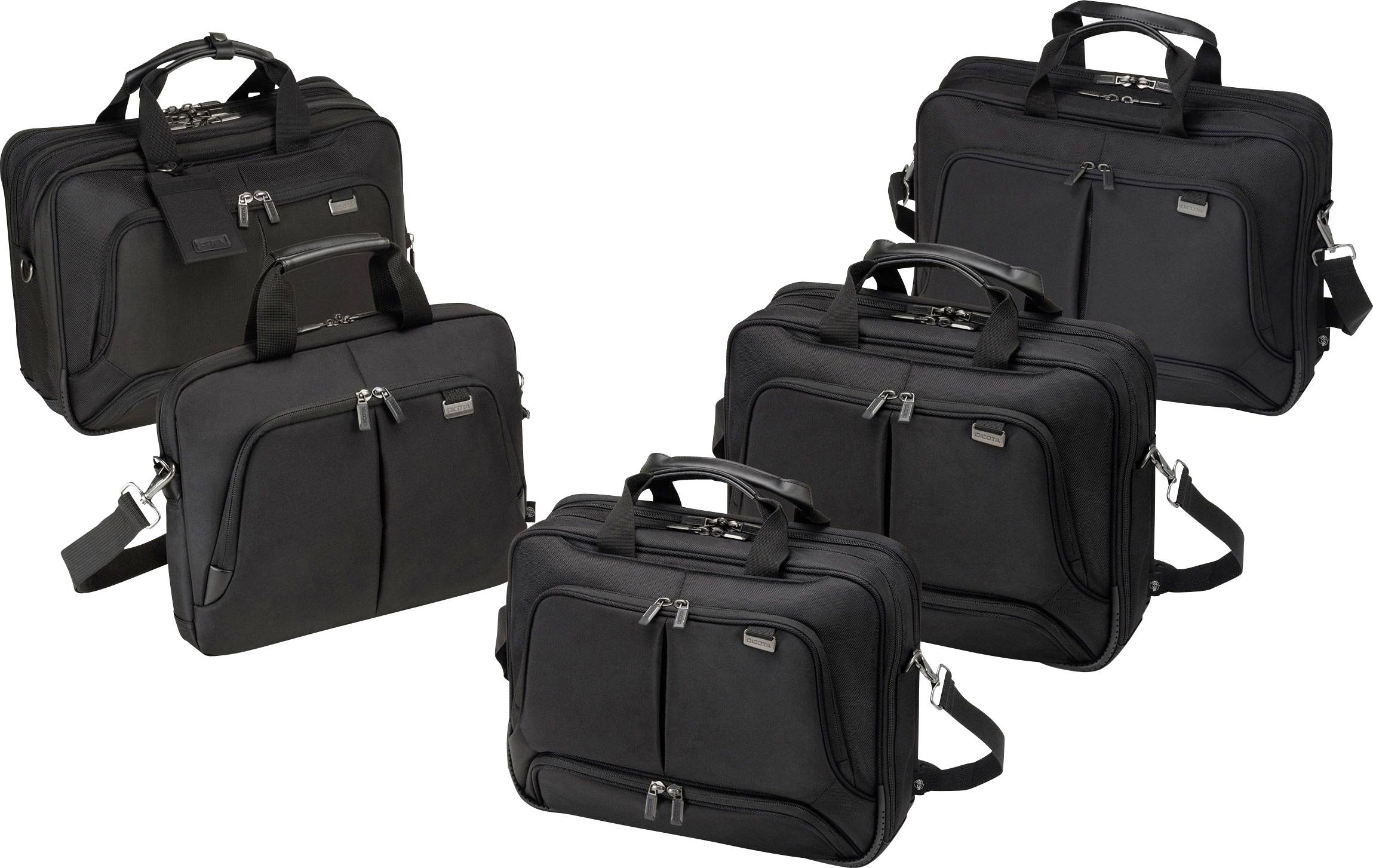 Fünf schwarze Laptop-Taschen mit Reißverschluss, verschiedenen Fächern und Tragegriffen, aufgereiht auf weißem Hintergrund.