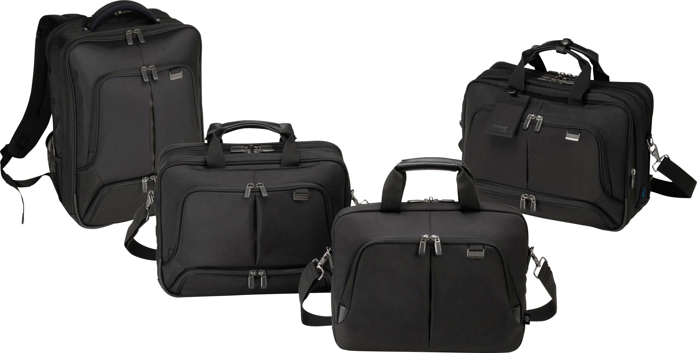 Vier schwarze Laptoptaschen unterschiedlicher Größen und Formen, jede mit Reißverschlüssen und Tragegriffen, gegen weißen Hintergrund.