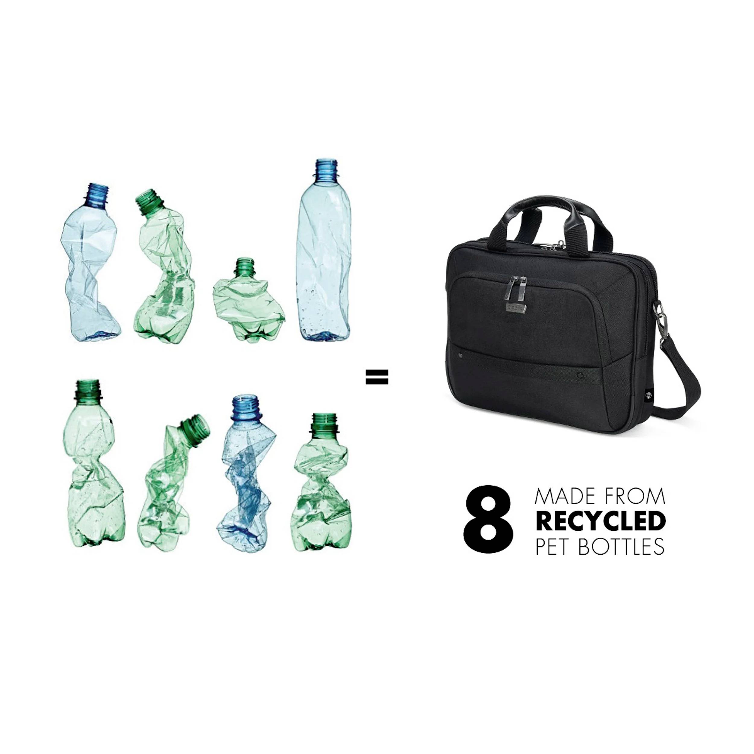 Acht recycelte PET-Flaschen entsprechen einer schwarzen Tasche, die aus den Flaschenmaterialien hergestellt wurde.
