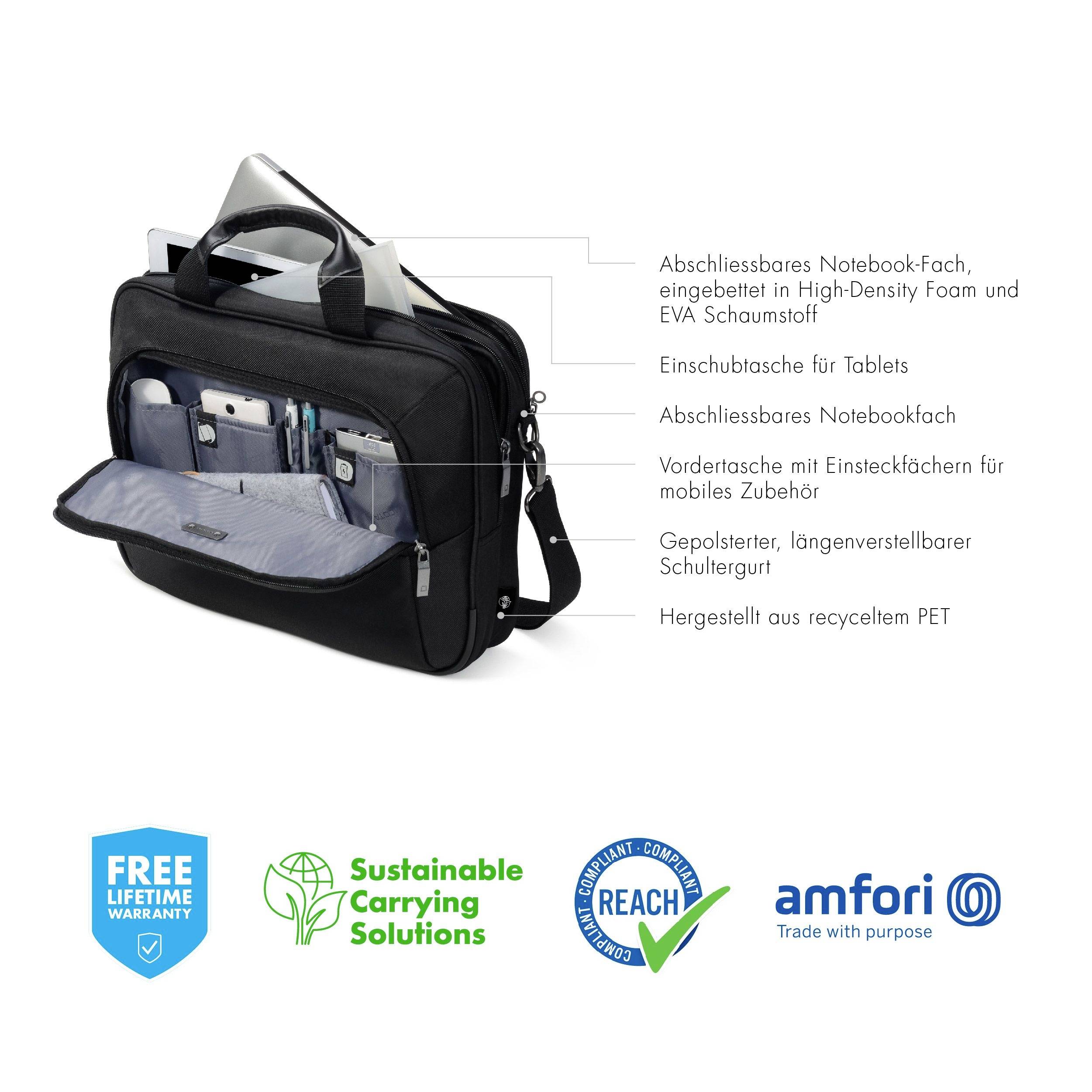 Eine schwarze Laptoptasche, offen mit Fächern für Laptop, Tablet und Zubehör. Symbole unten zeigen Garantie, Nachhaltigkeit und Materialien.