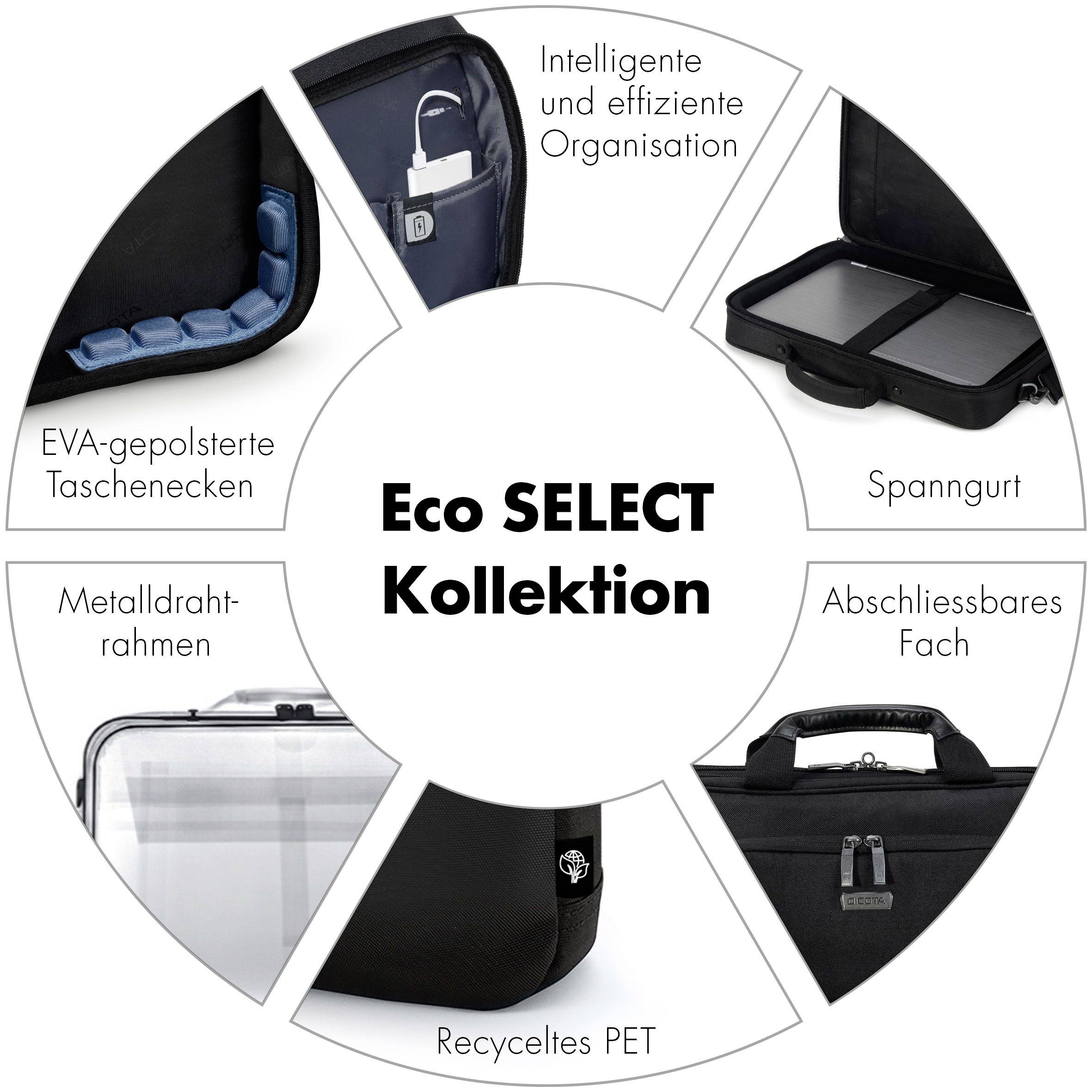 Runddiagramm der 'Eco SELECT Kollektion' mit Merkmalen: EVA-gepolsterte Taschenecken, intelligentes Design, Spannband, abschließbares Fach, recyceltes PET, Metalldrahtrahmen.