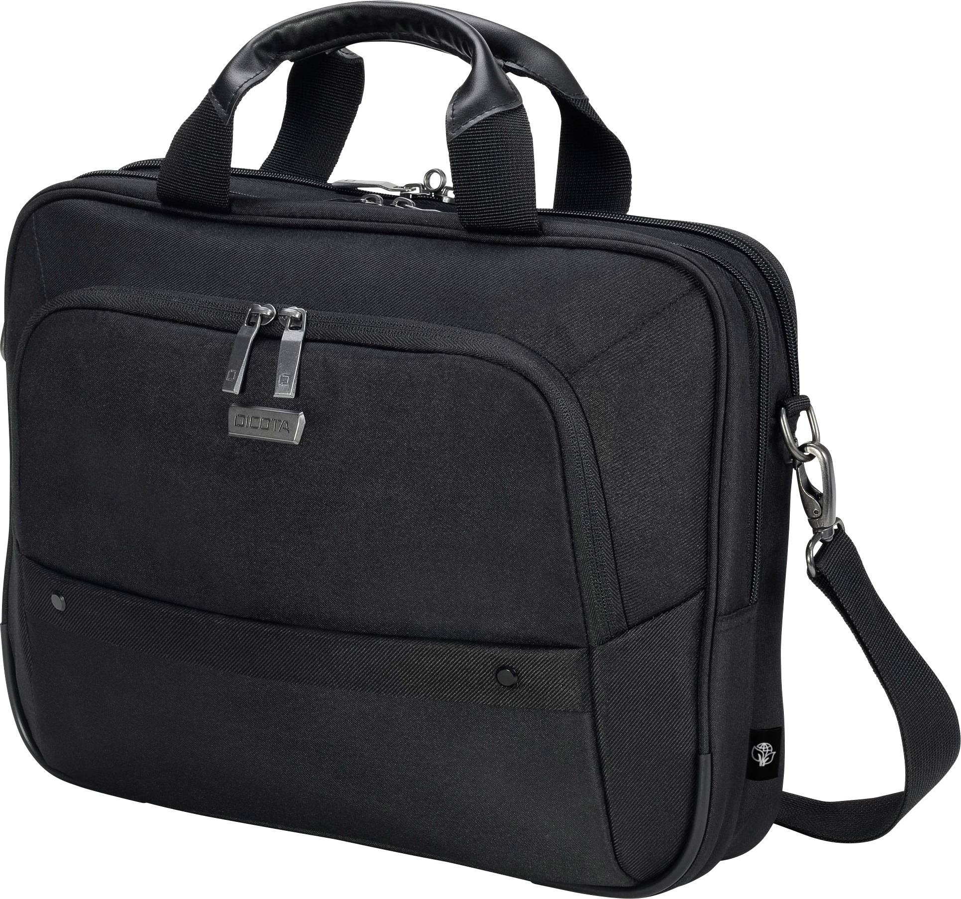 Eine schwarze Laptop-Tasche mit zwei Tragegriffen und einem abnehmbaren Schultergurt. Die Tasche hat zwei Reißverschlüsse und ein Markenlogo.