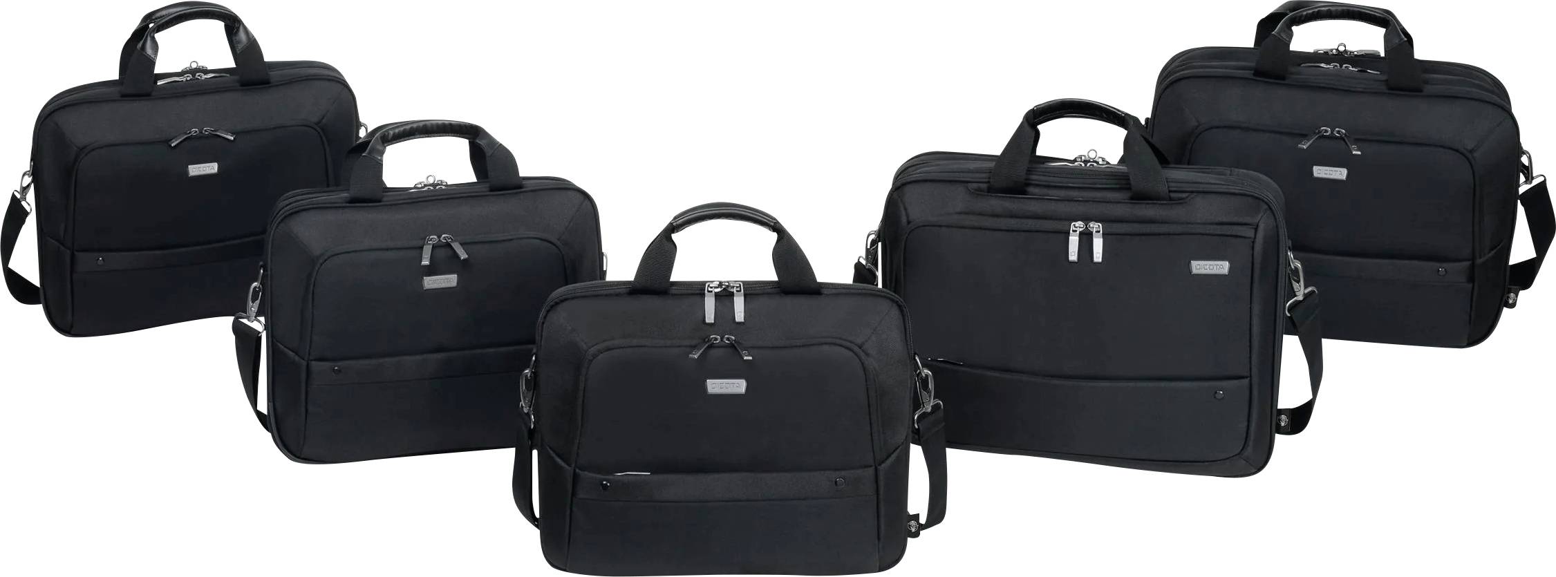 Fünf schwarze Business-Laptoptaschen in einer Halbkreis-Anordnung. Sie haben Reißverschlüsse und Griffe, geeignet für Bürogebrauch.