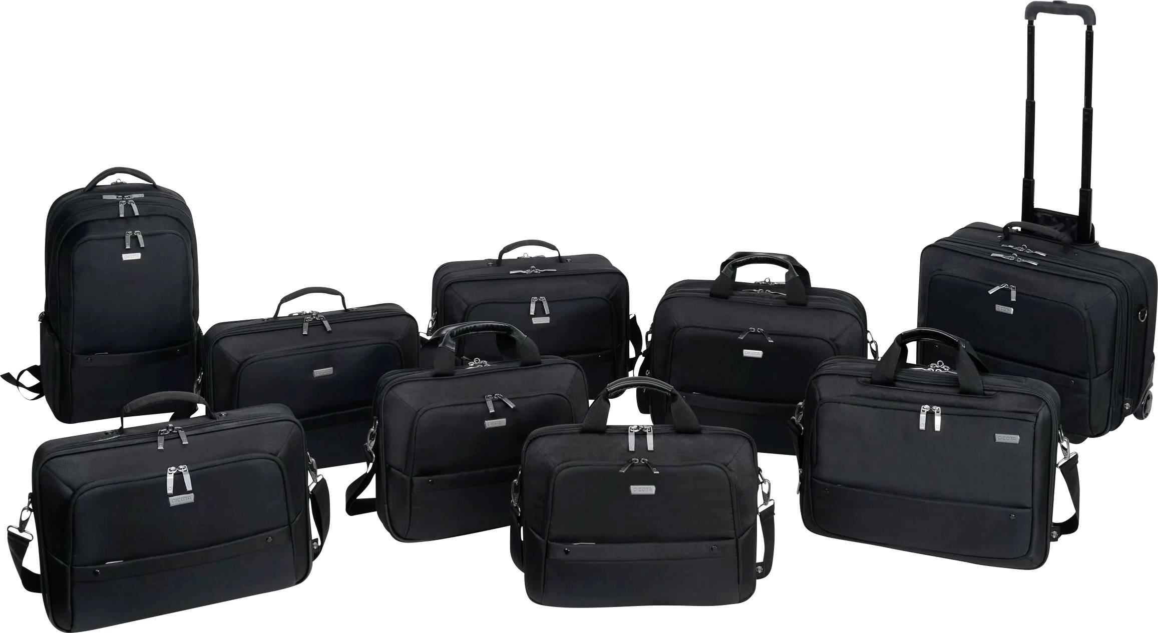 Eine Sammlung von neun schwarzen Business-Taschen in verschiedenen Größen und Designs, darunter ein Rollkoffer, angeordnet vor weißem Hintergrund.