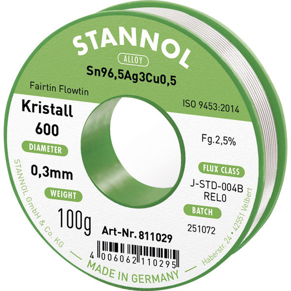 Stannol Kristall 600 Lötzinn, bleifrei Spule Sn96,5Ag3Cu0,5 REL0 100g 0.3mm