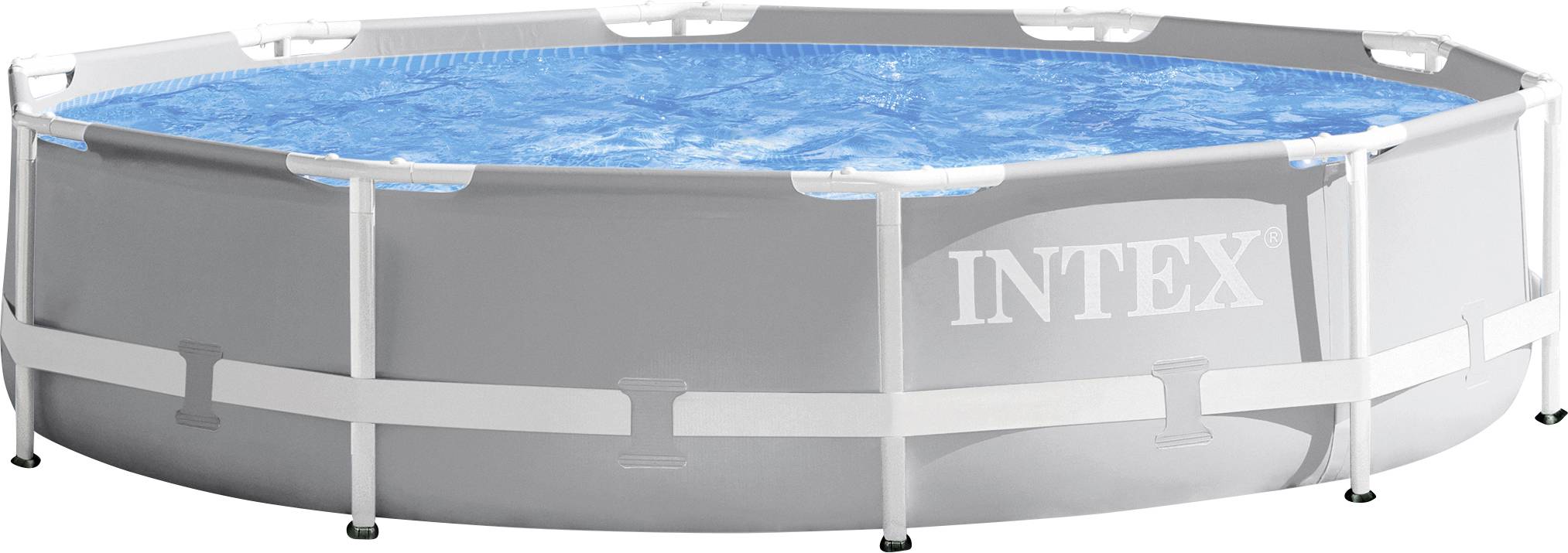 Ein runder, grauer Aufstellpool von Intex, gefüllt mit Wasser, steht auf einer ebenen Fläche.