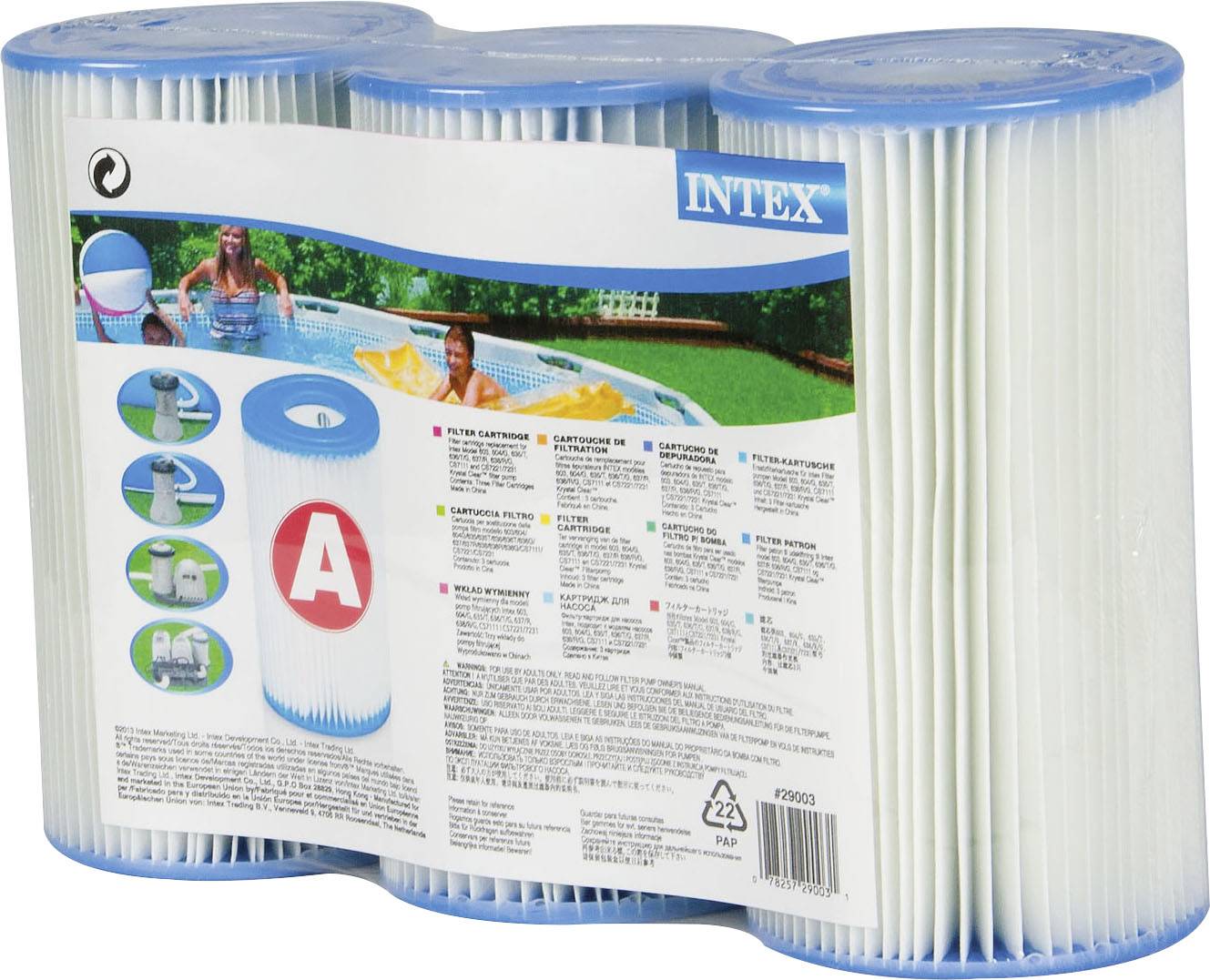 'Intex'-Filterkartuschen-Set, 3 Stück, für Poolwasserreinigung. Hauptmotiv: lächelnde Menschen in einem Swimmingpool.