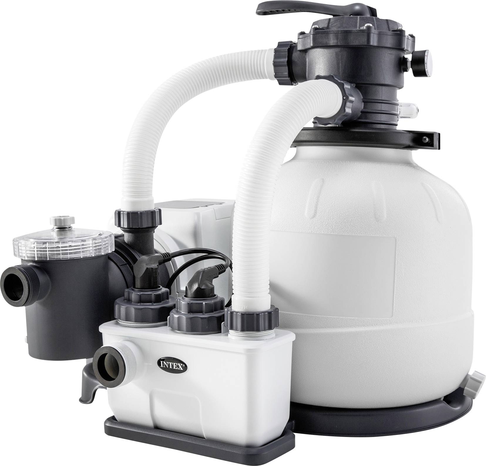 Weiße Sandfilteranlage mit schwarzen Anschlüssen und Schläuchen; geeignet für Poolwasserfiltration.