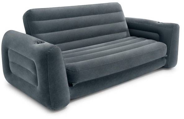 Aufblasbares graues Sofa mit Armlehnen und Streifenmuster, platzsparend und vielseitig nutzbar als Couch oder Gästebett.