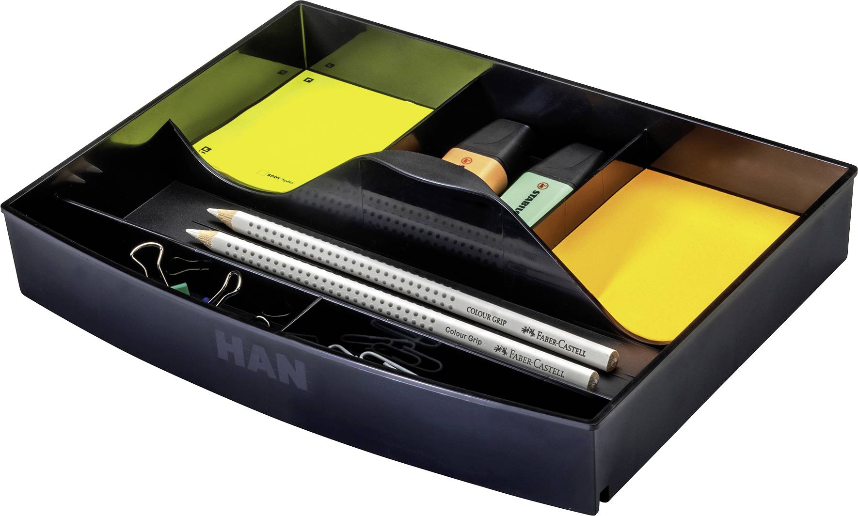 Schwarzer Schreibtisch-Organizer mit Notizzetteln, zwei Stiften, Büroklammern und Textmarkern in verschiedenen Farben.