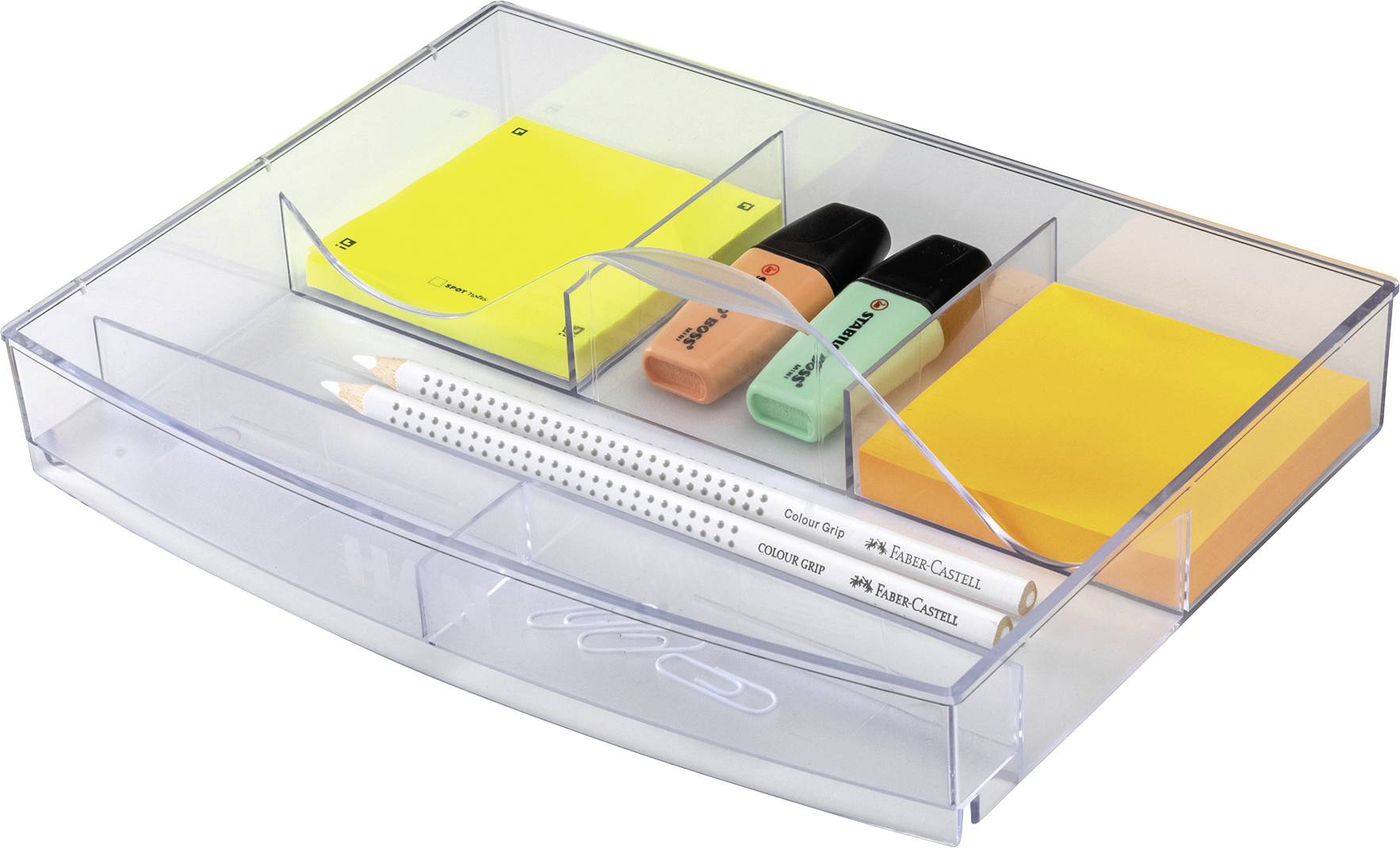Transparente Schreibtischbox mit zwei weißen Bleistiften, zwei Textmarkern in Orange und Grün sowie gelben Haftnotizen in zwei Größen.