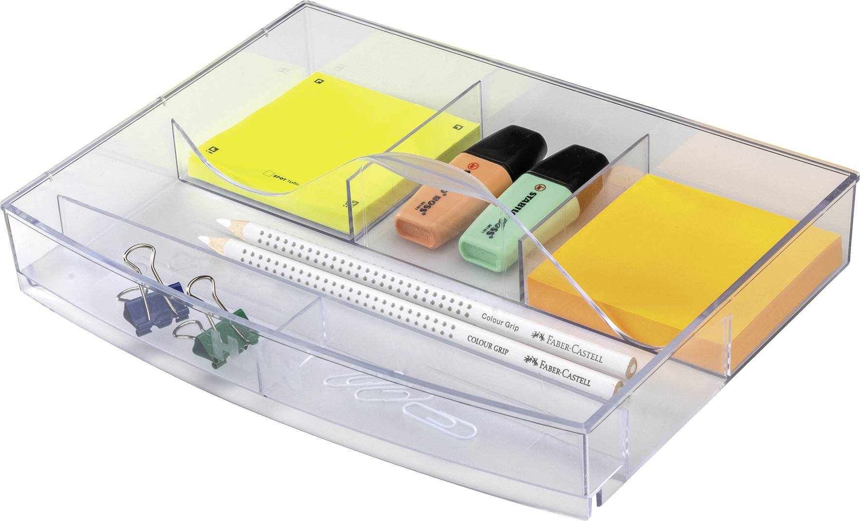 Ein transparenter Organizer mit Haftnotizen, Textmarkern, Bleistiften, Büroklammern und Klammern, angeordnet für einfachen Zugriff.