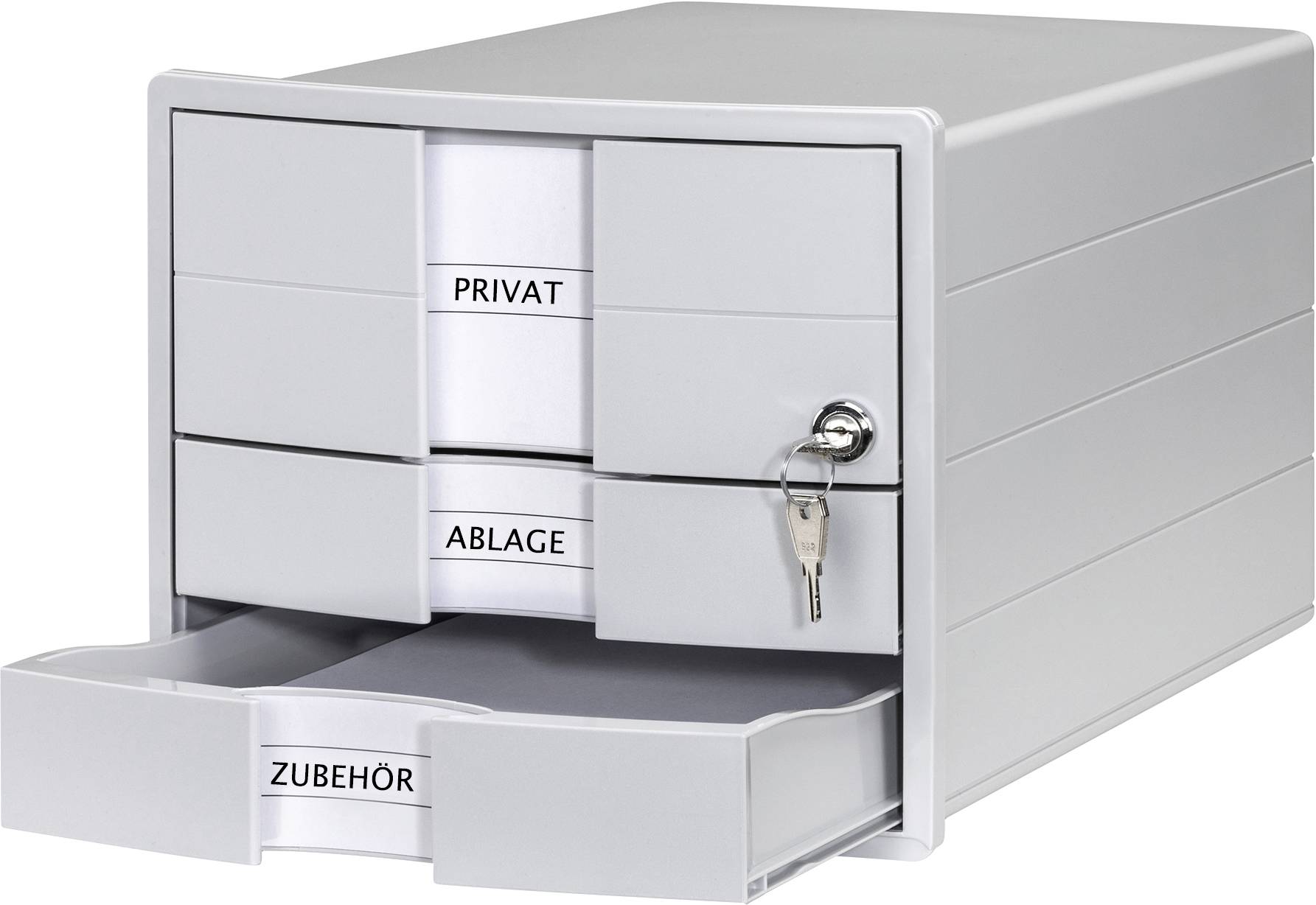 Ein grauer Schubladenschrank mit fünf beschrifteten Schubladen 'Privat', 'Ablage' und 'Zubehör'. Eine Schublade ist offen, Schlüssel steckt.
