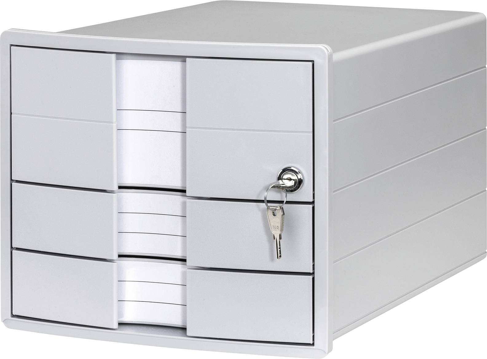 Metallschreibtisch-Organizer mit abschließbarer Tür und einem Schlüssel, ideal zum sicheren Aufbewahren von Dokumenten oder Gegenständen.