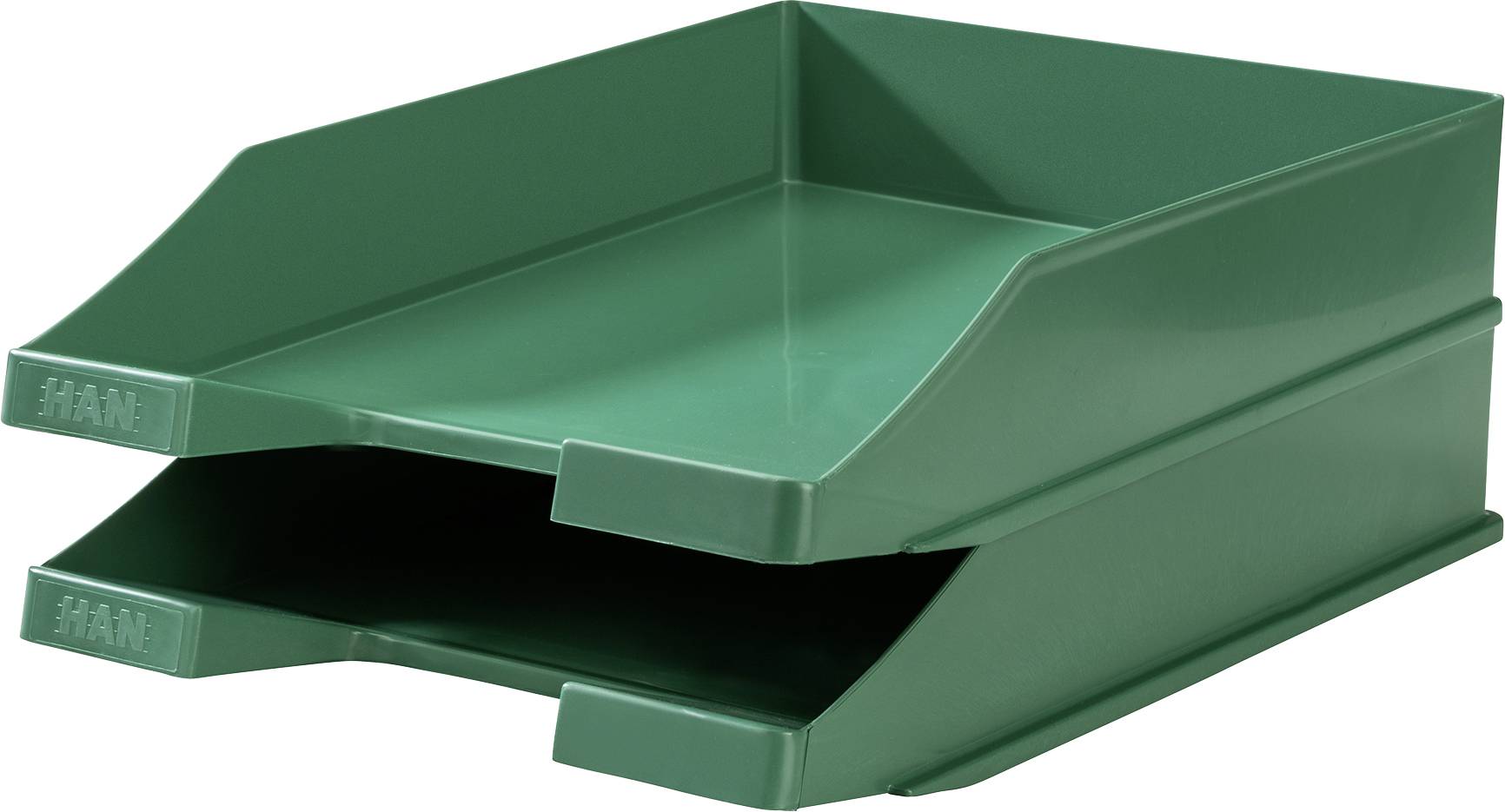 Zwei grüne, übereinander gestapelte Ablagekörbe aus Kunststoff zur Organisation von Dokumenten oder Papieren im Büro.