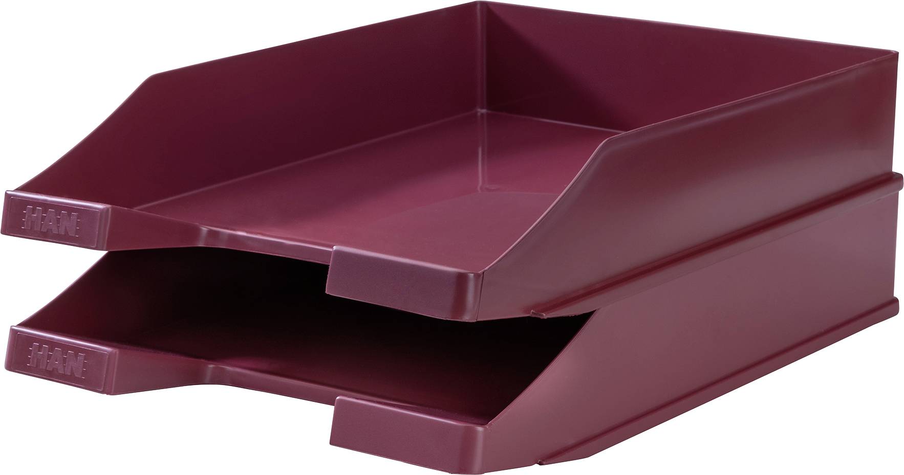 Zwei dunkelrote Ablagefächer aus Plastik sind übereinander gestapelt, um Dokumente ordentlich zu organisieren.