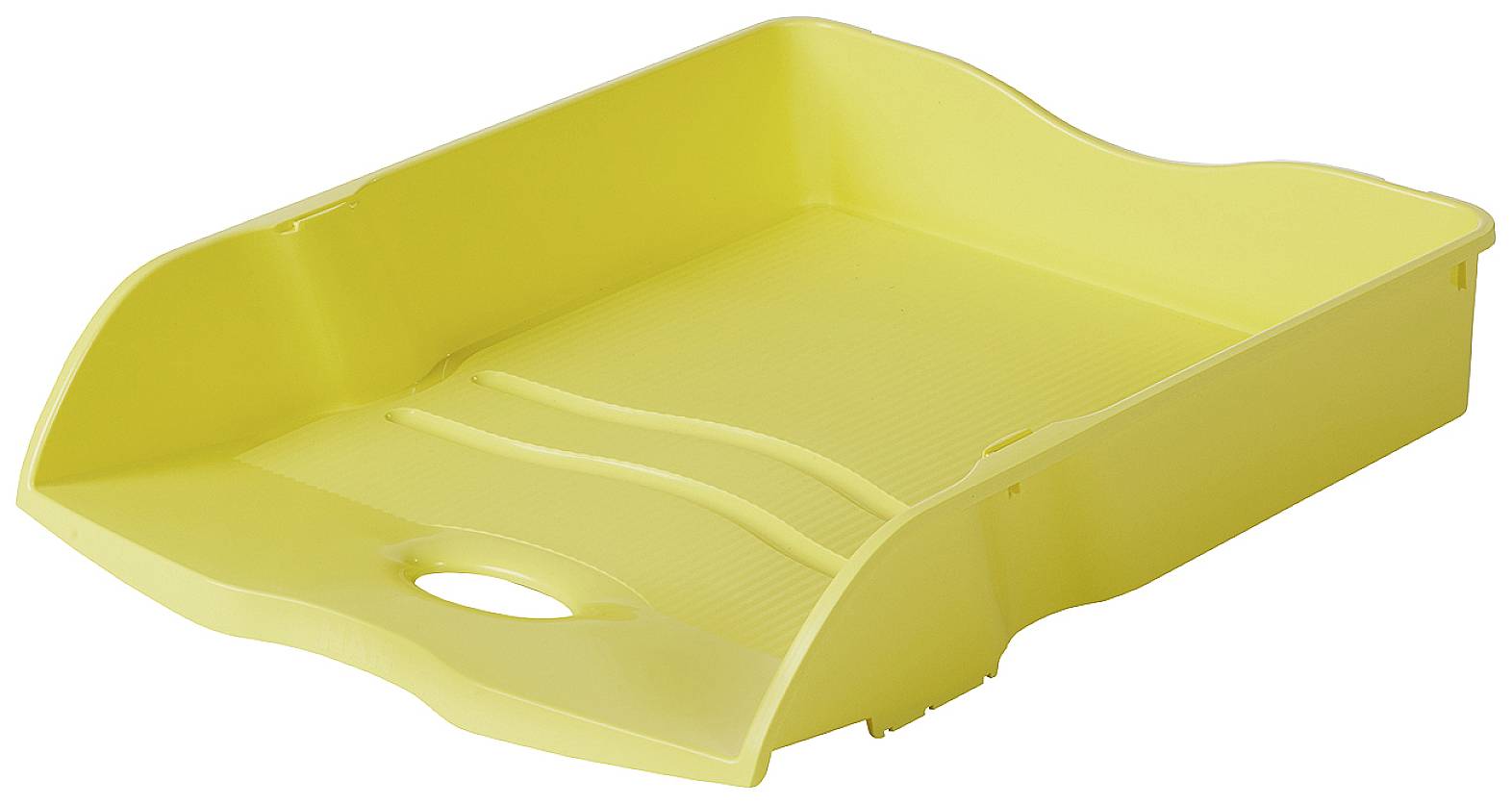 Ein gelbes Ablagefach aus Kunststoff, geeignet zur Organisation von Papier und Dokumenten, mit abgerundeten Kanten und Griffloch.