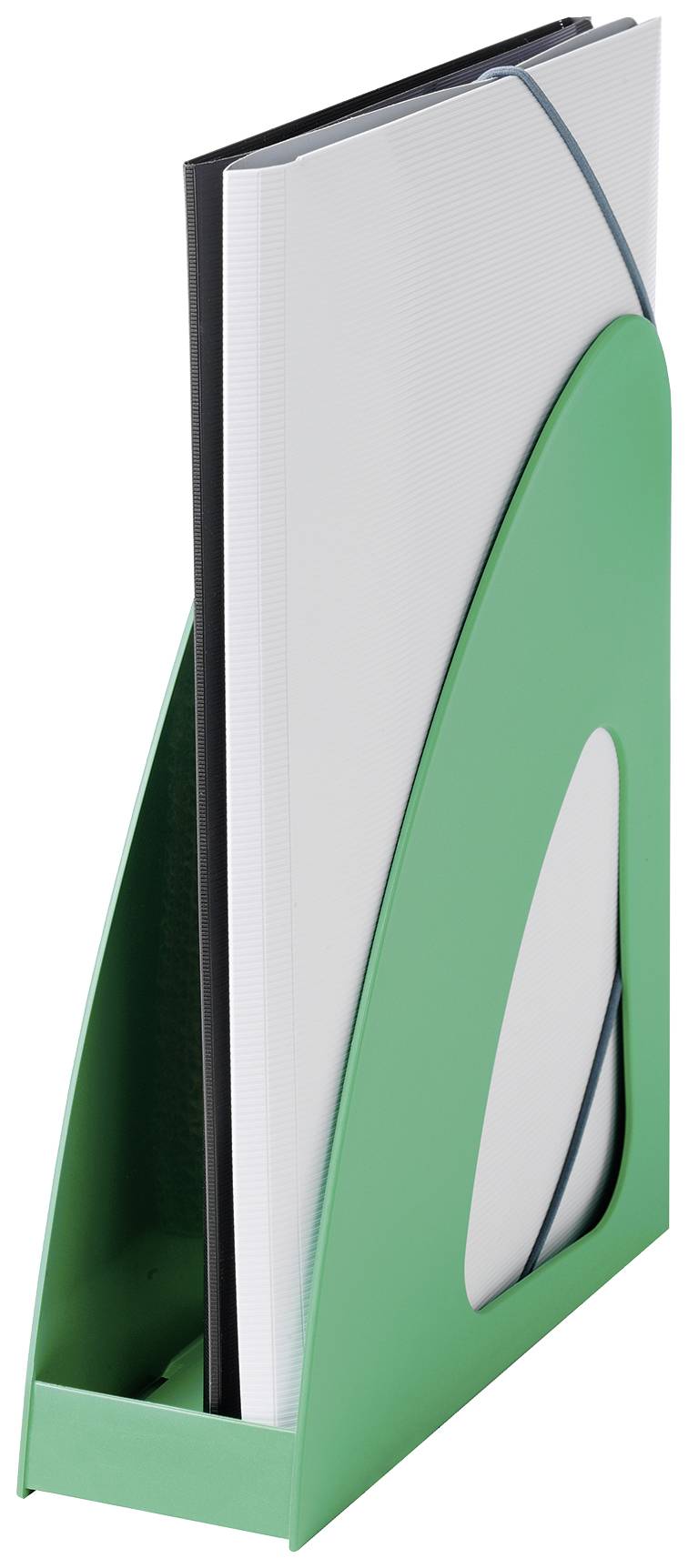 Grüner Stehordner aus Kunststoff mit darin stehender weißer Mappe. Ideal zur Aufbewahrung von Dokumenten im Büro oder Zuhause.