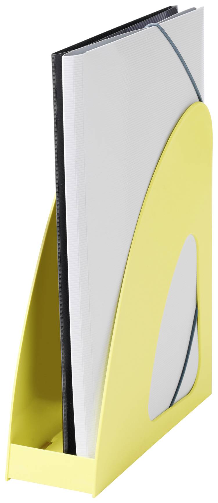 Gelber Zeitschriftensammler mit einer vertikal stehenden, geöffneten Zeitschrift.