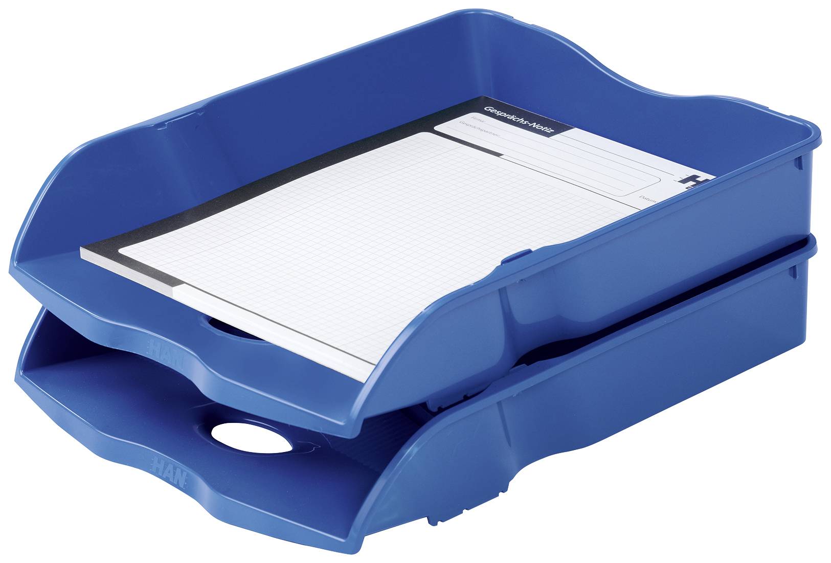 Zwei gestapelte blaue Ablagefächer, das obere enthält einen Notizblock. Ideal zur Organisation von Papieren im Büro.