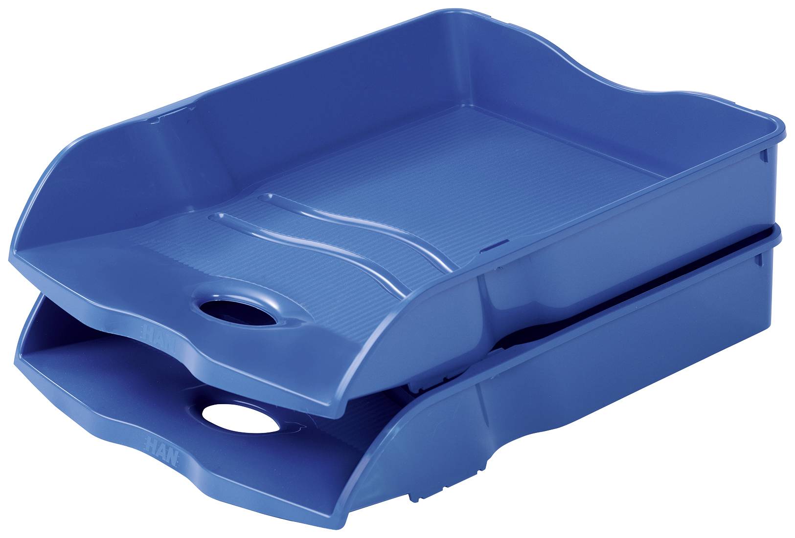 Zwei stapelbare, blaue Ablagefächer aus Kunststoff zur Organisation von Dokumenten auf einem Schreibtisch.