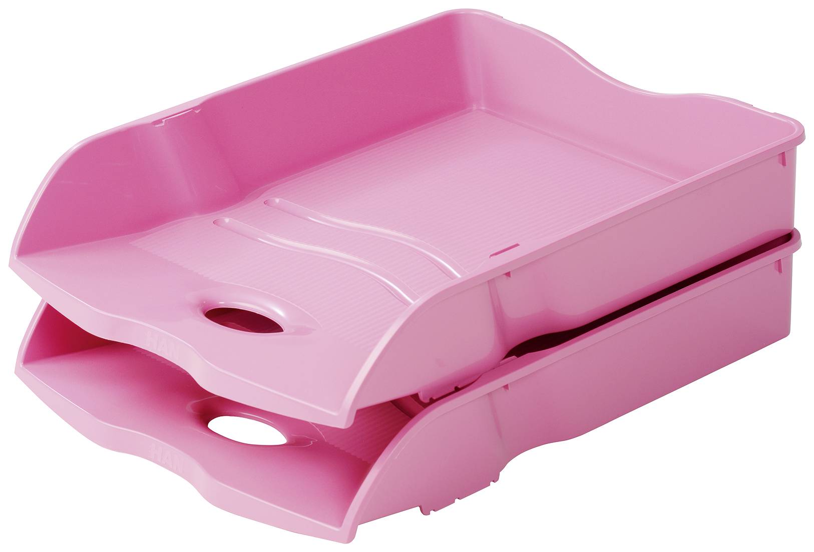 Zwei übereinander gestapelte rosa Papierablagen mit ovalen Aussparungen auf der Vorderseite.