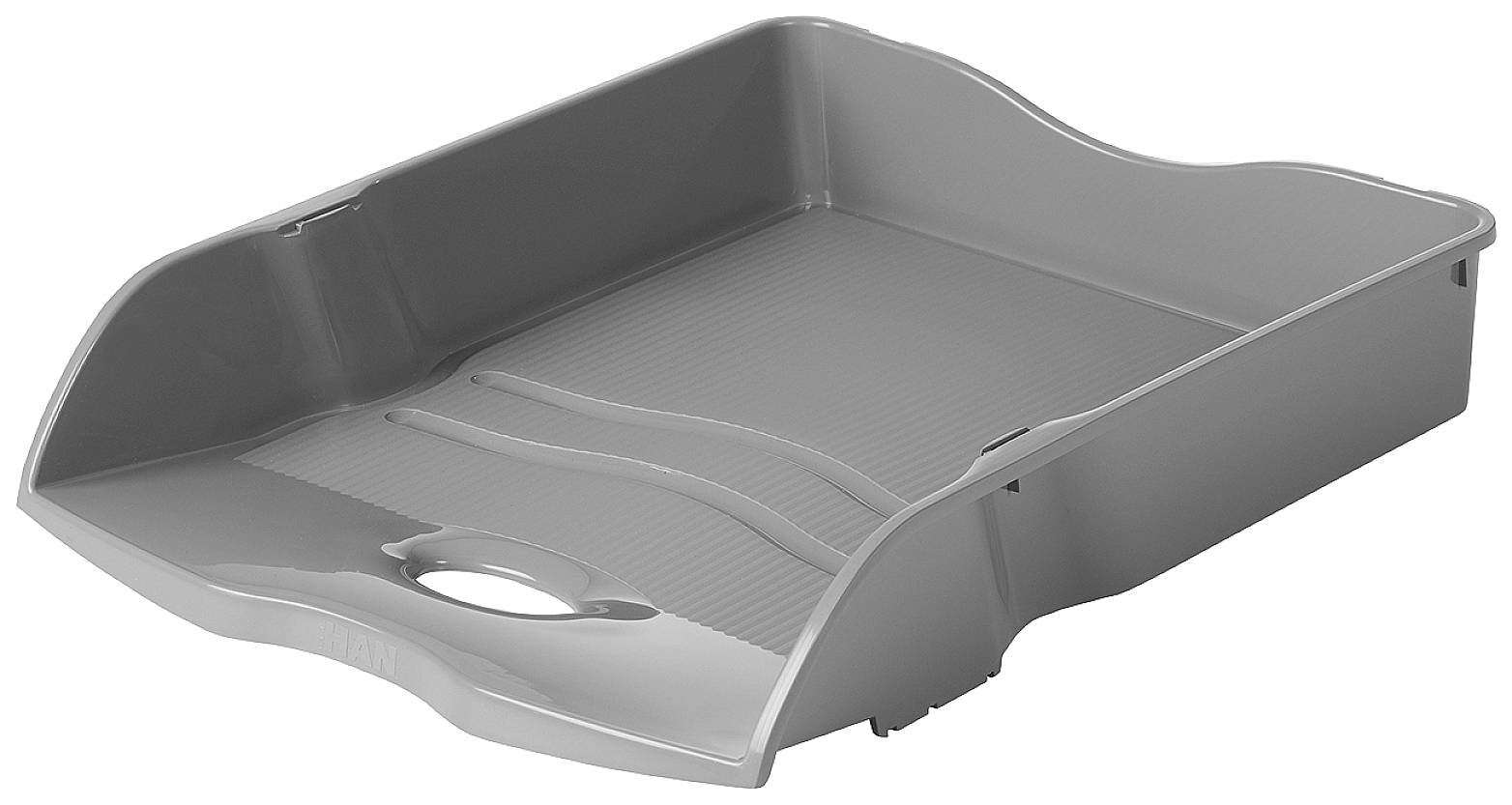 Grauer Plastikbriefablage mit welligen Kanten; für die Organisation von Dokumenten.