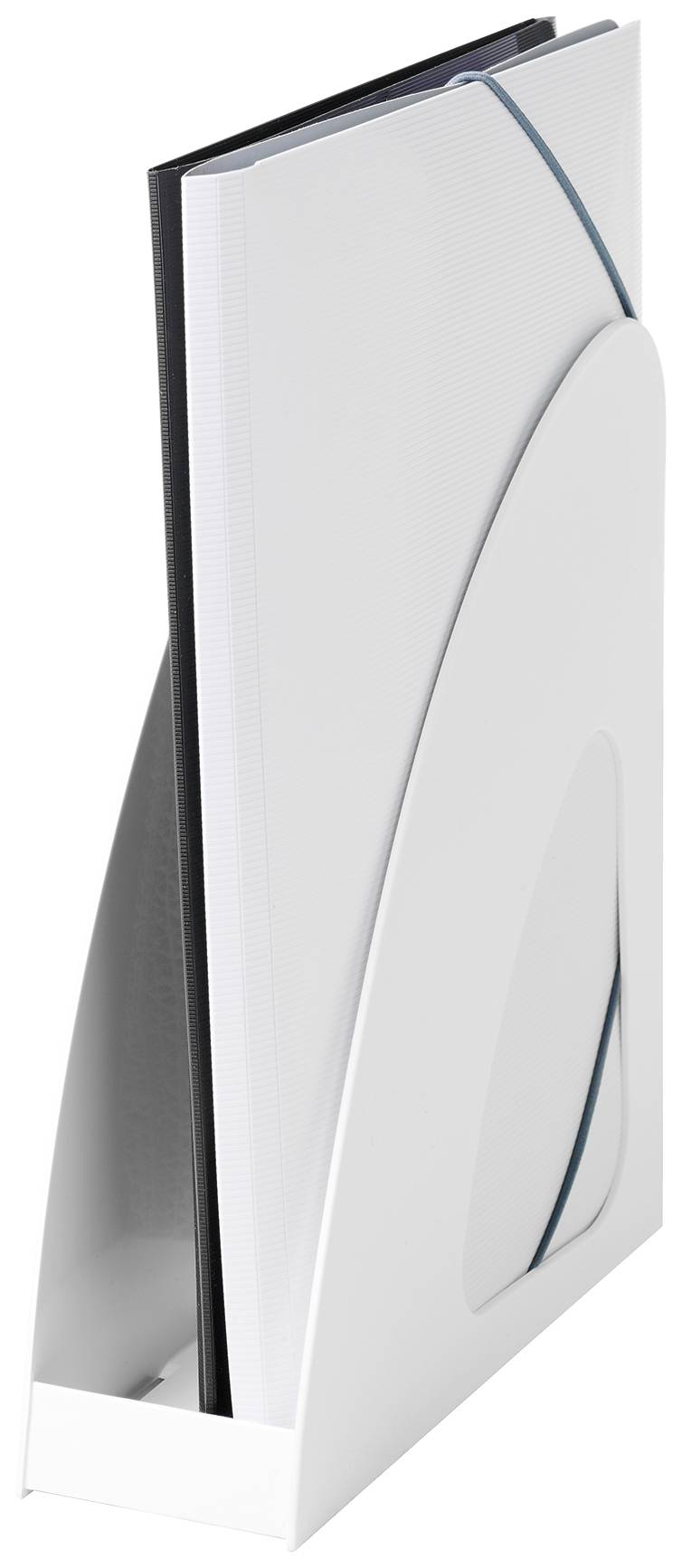 Weißer Zeitschriftensammler mit großem Heft. Das Fach ist aufrecht stehend, zeigt das moderne, schlanke Design des Sammlers.