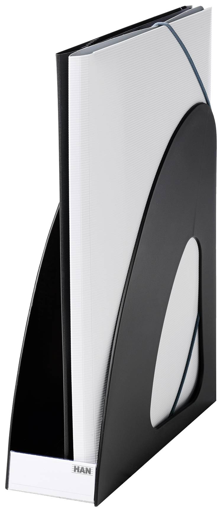 Ein leerer, stehender Zeitschriftenhalter mit schwarzem und grauem Design. Ideal zur Aufbewahrung von Magazinen oder Dokumenten.