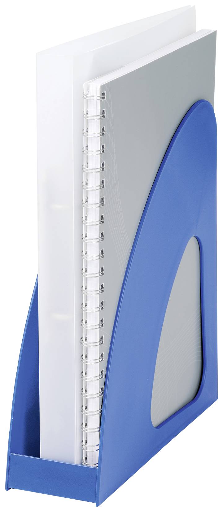 Ein blauer Zeitschriftenhalter mit einem grauen Spiralblock und einem weißen Dokument darin. Ideal zur Aufbewahrung von Büromaterial.