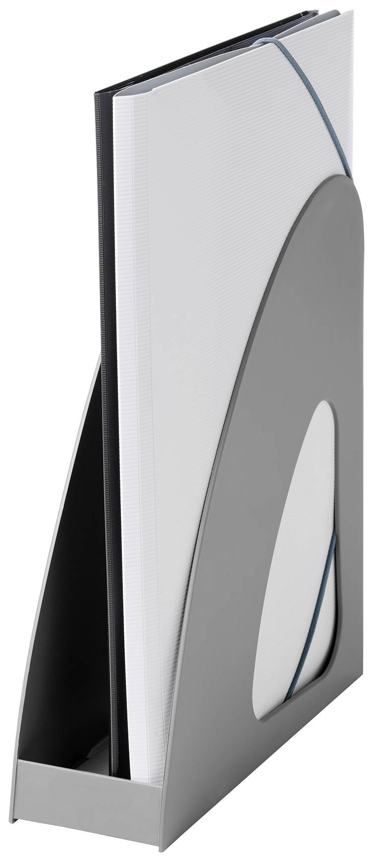 Grauer Zeitschriftensammler aus Kunststoff, enthaltend mehrere Magazine oder Dokumente. Perfekt zum Ordnen von Büromaterial.