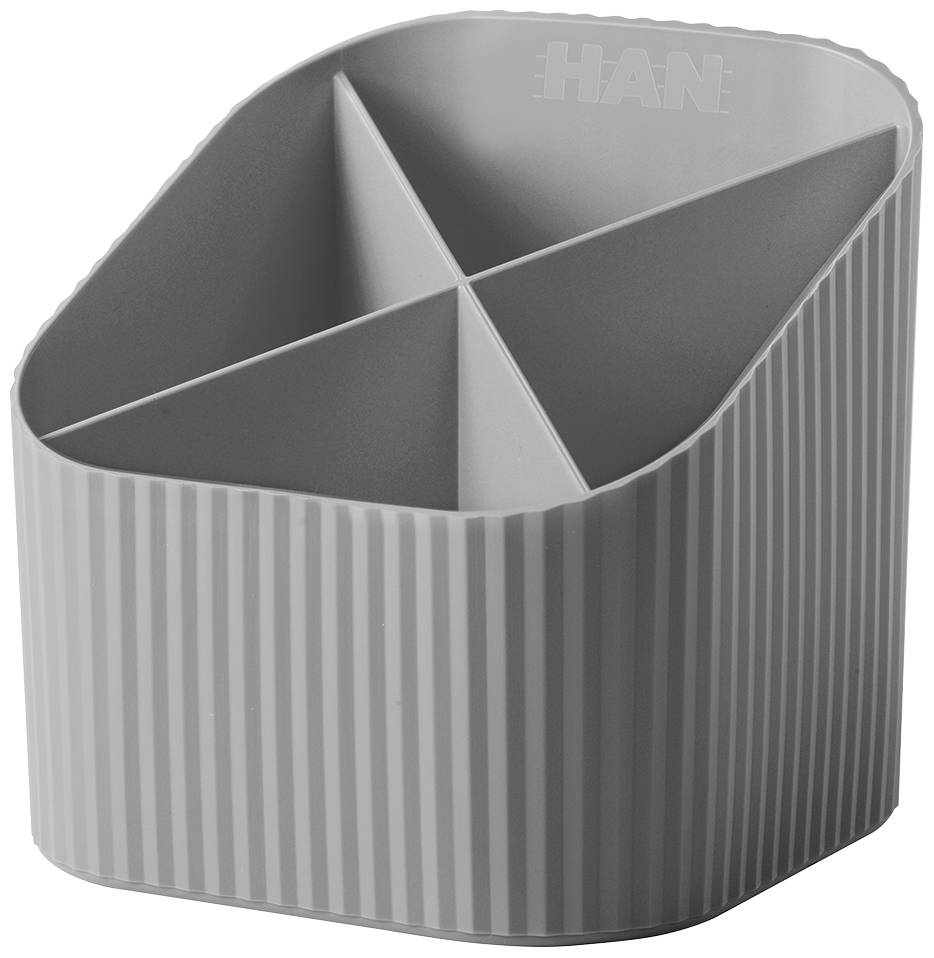 Grauer, vierfach unterteilter Stiftehalter aus Kunststoff mit gerippter Oberfläche.