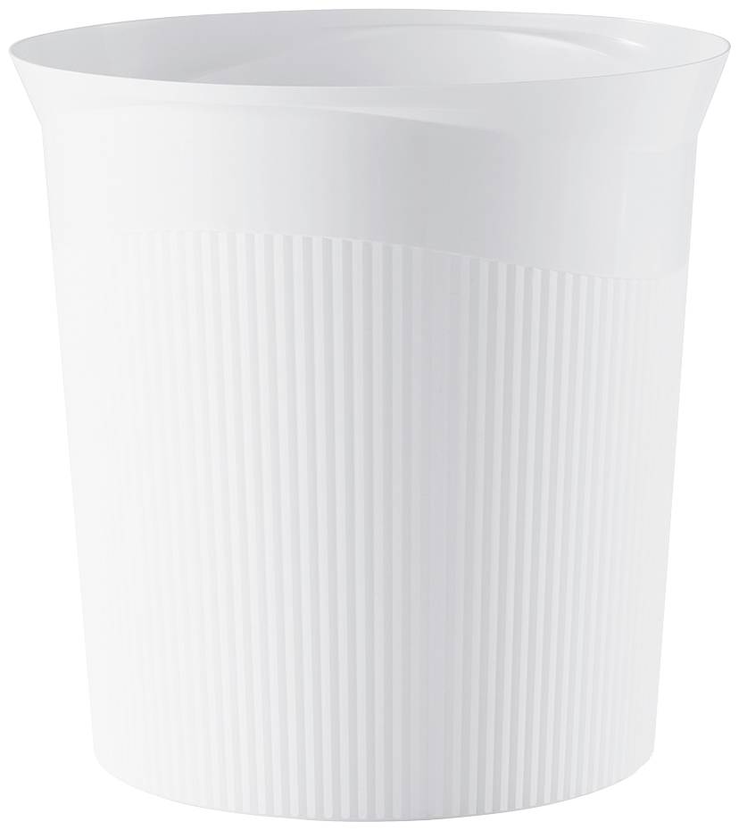 Ein weißer, gerippter Papierkorb mit schräger Öffnung.