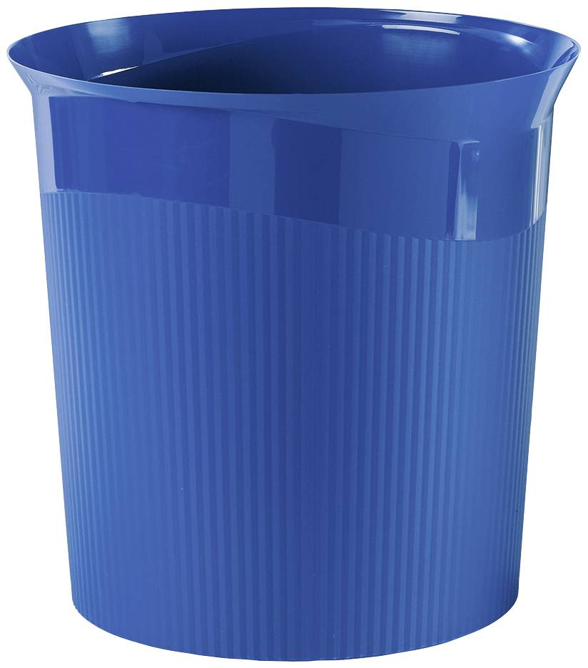 Ein blauer, gerippter Plastikeimer mit gebogenem Rand.